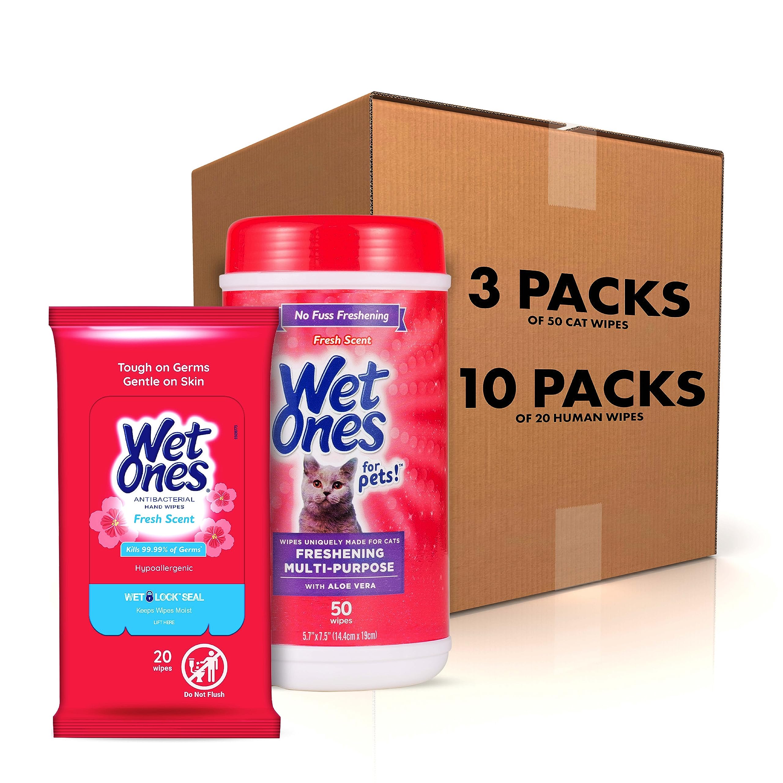 Wet Ones Mixed 13 Piece Bundle of Human & Cat Wet Wipes, Fresh Scent | 10 Packs Antibacterial Hand and Face Wipes, 20ct Plus 3 Packs for Pets Multipurpose Cat Wipes, 50ct
