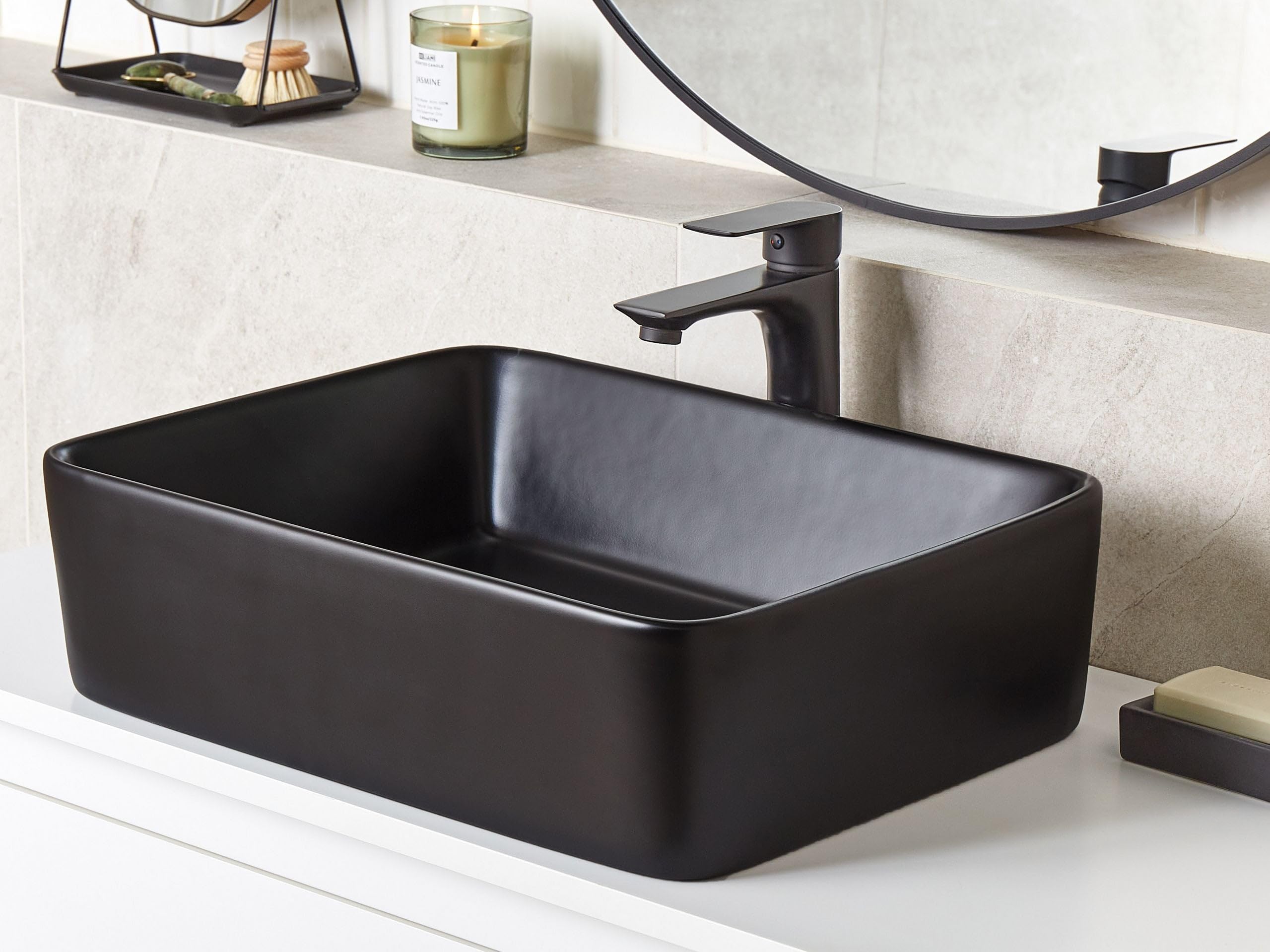 Lavabo de encimera baño cerámica rectangular negro mate 49 x 38 cm Travesia
