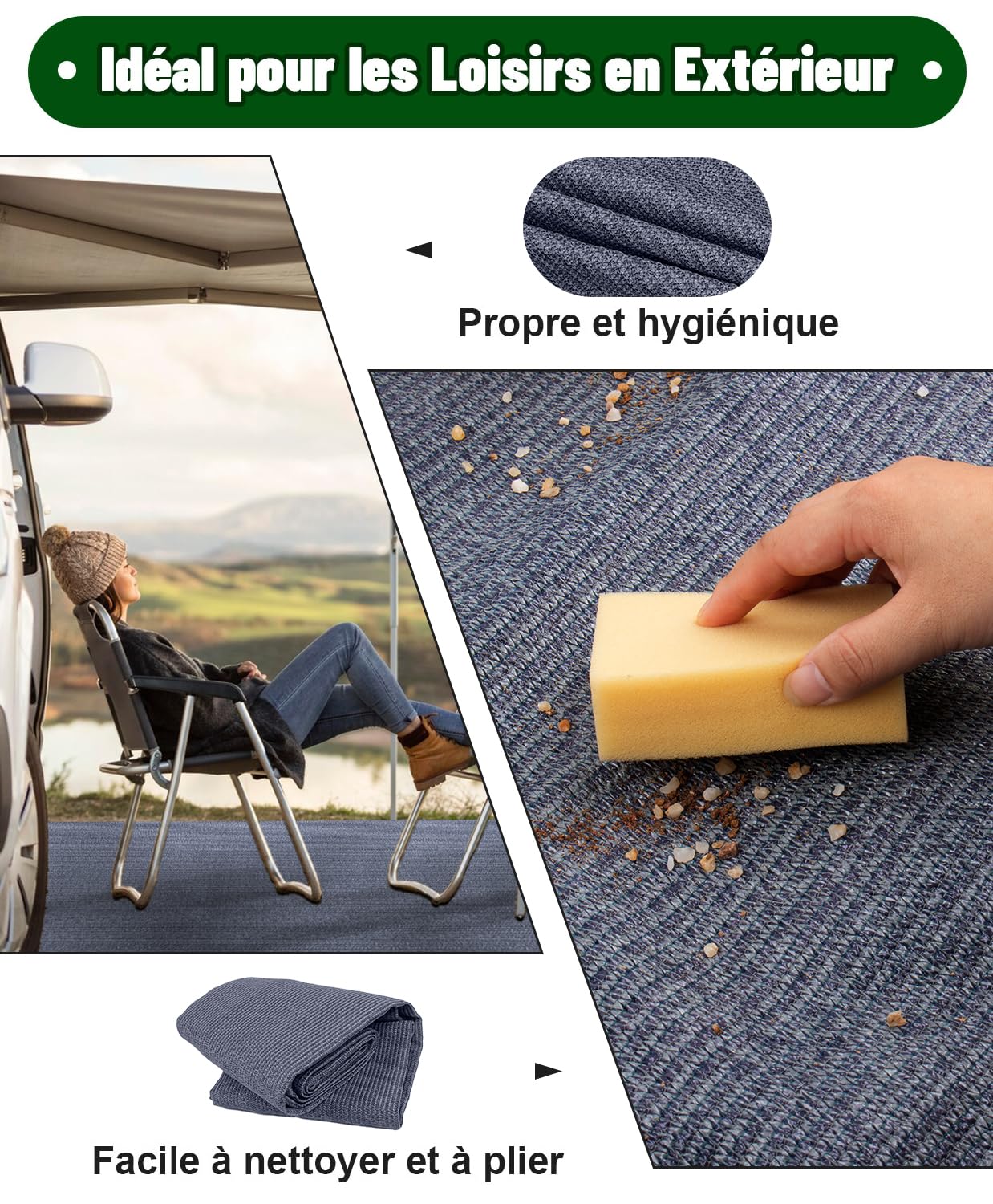 Tapis d'auvent pour Camping Extérieur, Respirant, Antidérapant, Lavable, Différentes Tailles, Contient 4 Piquets