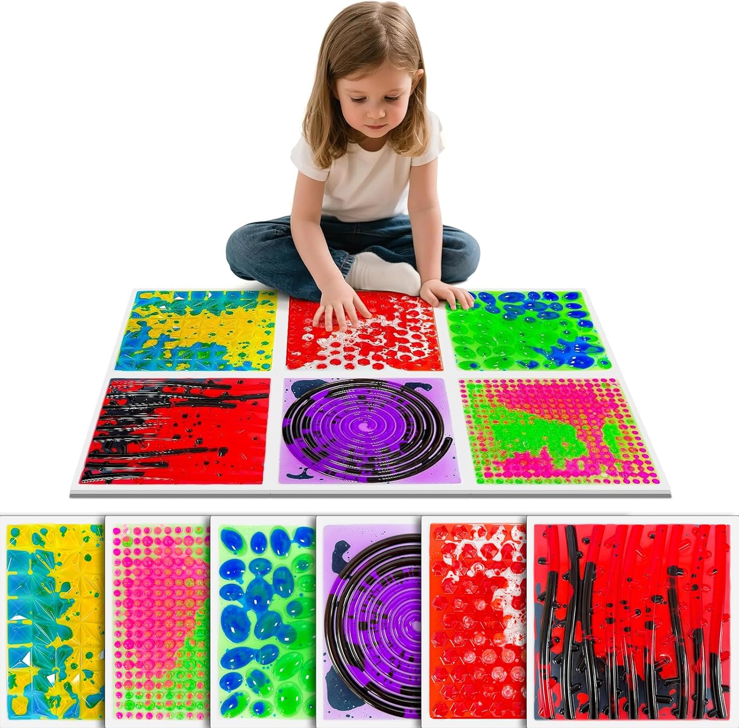 Texture Sensor Liquid Tiles – 6 Square Lava Set, 12″ X 12″ Sensory Mat, Multi-Color Textured Sensory Lava Tiles, Ages 3 4 5 6+.