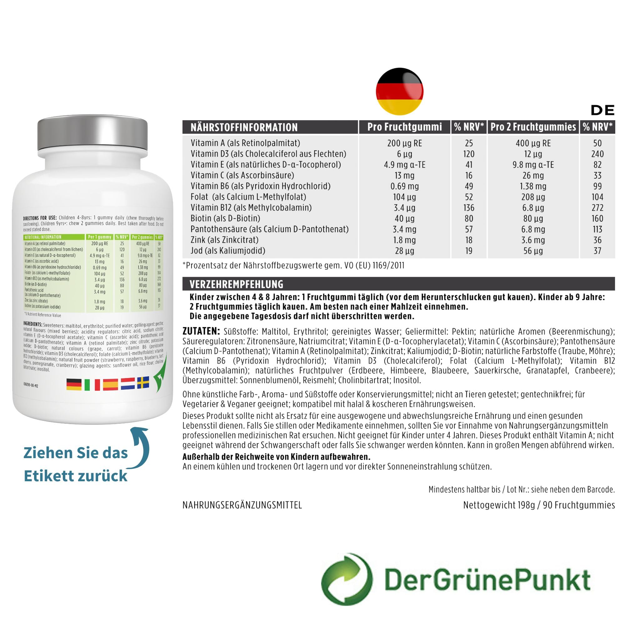 Methylierte Multivitamin Fruchtgummis für Kinder, aktive B-Vitamine, 90 Stück, Clean Label, zuckerfrei, ab 4 Jahren, Beerengeschmack, vegan, ohne künstliche Süßstoffe & Aromen, von Igennus