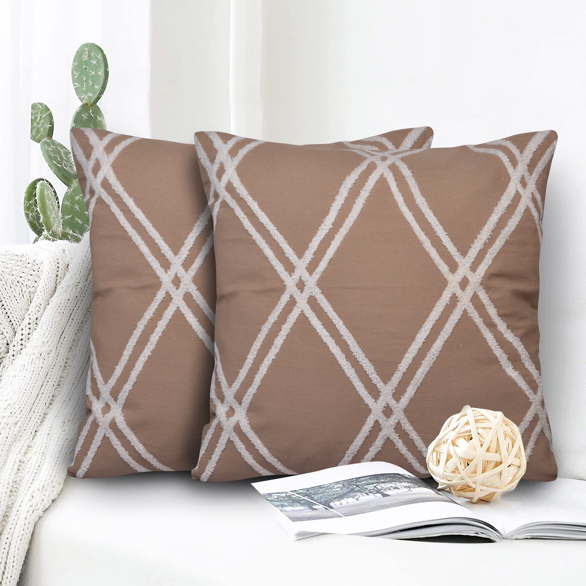 aRDENMEAD Throw Pillow Covers Set of 2, Decorative Embroidered Cushion Covers Set of 2 Cushion Covers for Couch Sofa, Bedroom. 18 x 18 Inches | 45 x 45 cm Color: Beige - White