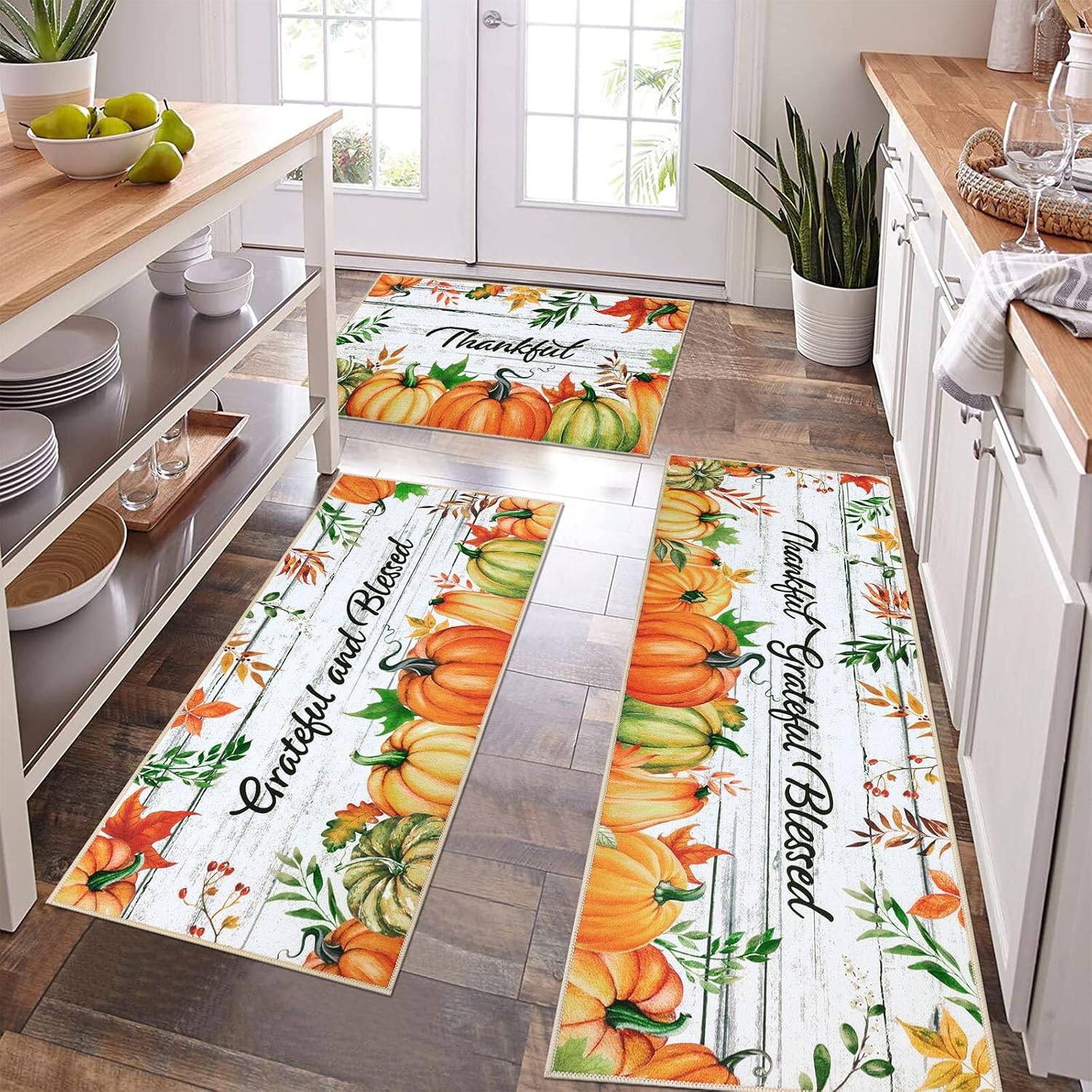 Pauwer Fall Kitchen Rug Sets of 3, Pumpkin Floor Mats, Farmhouse Non Skid Washable Kitchen Runner Throw Rugs for Laundry Room, Thanksgiving Decor