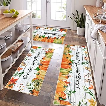 Pauwer Fall Kitchen Rug Sets of 3, Pumpkin Floor Mats, Farmhouse Non Skid Washable Kitchen Runner Throw Rugs for Laundry Room, Thanksgiving Decor