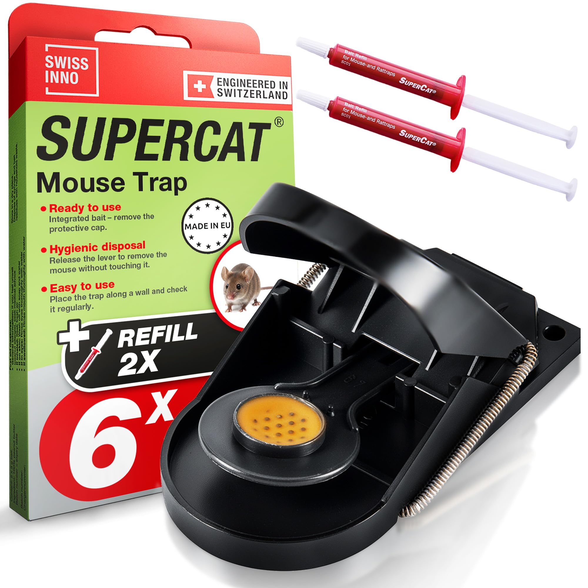 SWISSINNO Mouse Trap SuperCat - Mousetrap Indoor/Outdoor Use - Patented Solution - Efficient + Reusable mousetrap with peanut butter bait - Instant catch and kill - 6 Traps + 2 Bait syringes