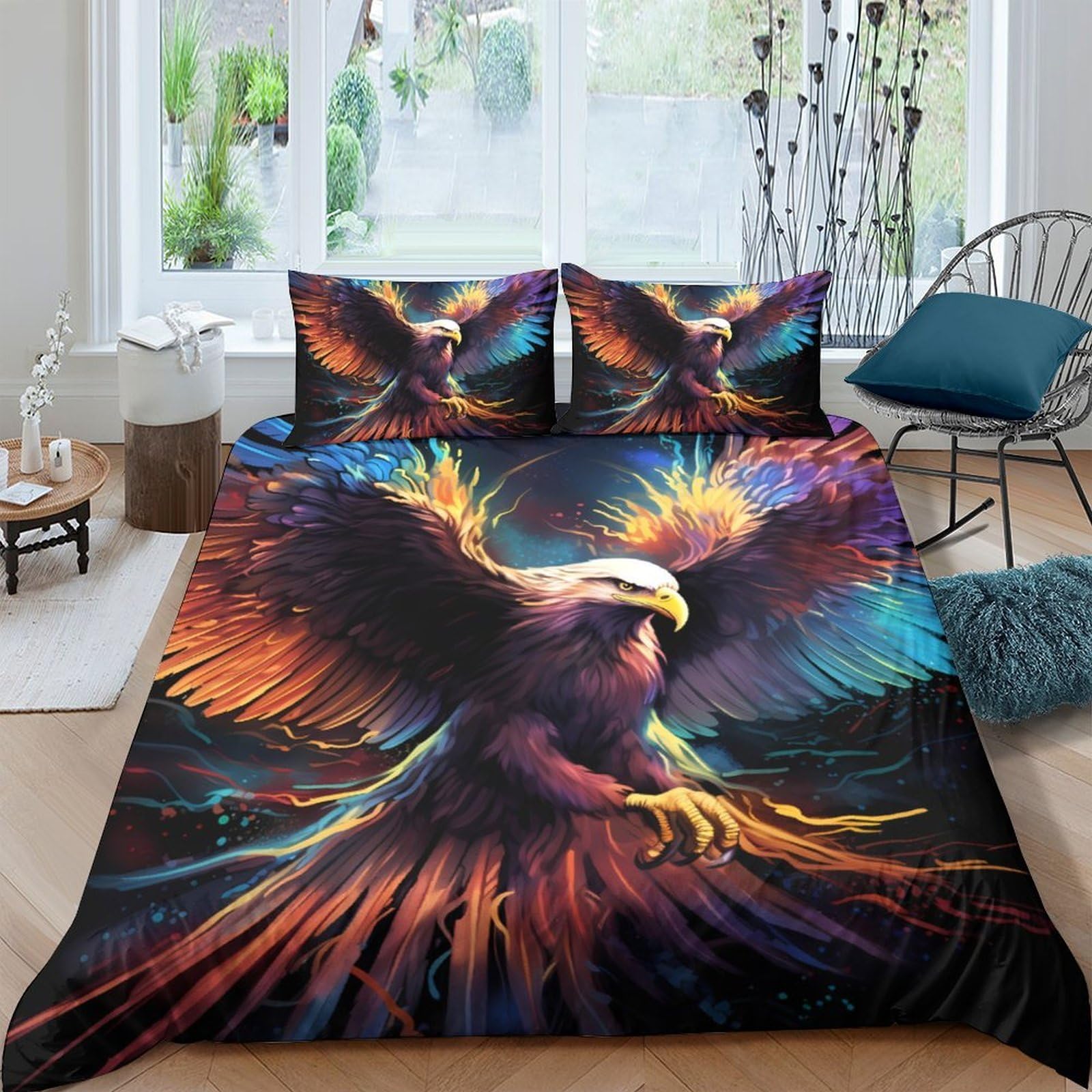 Ctjqhvkz Style-8 3D Printed Fiery Eagle Fitted Sheet Microfiber Soft Breathable Vibrant Phoenix Mattress Cover For Bedroom Dorm Decor Single（135X200cm）