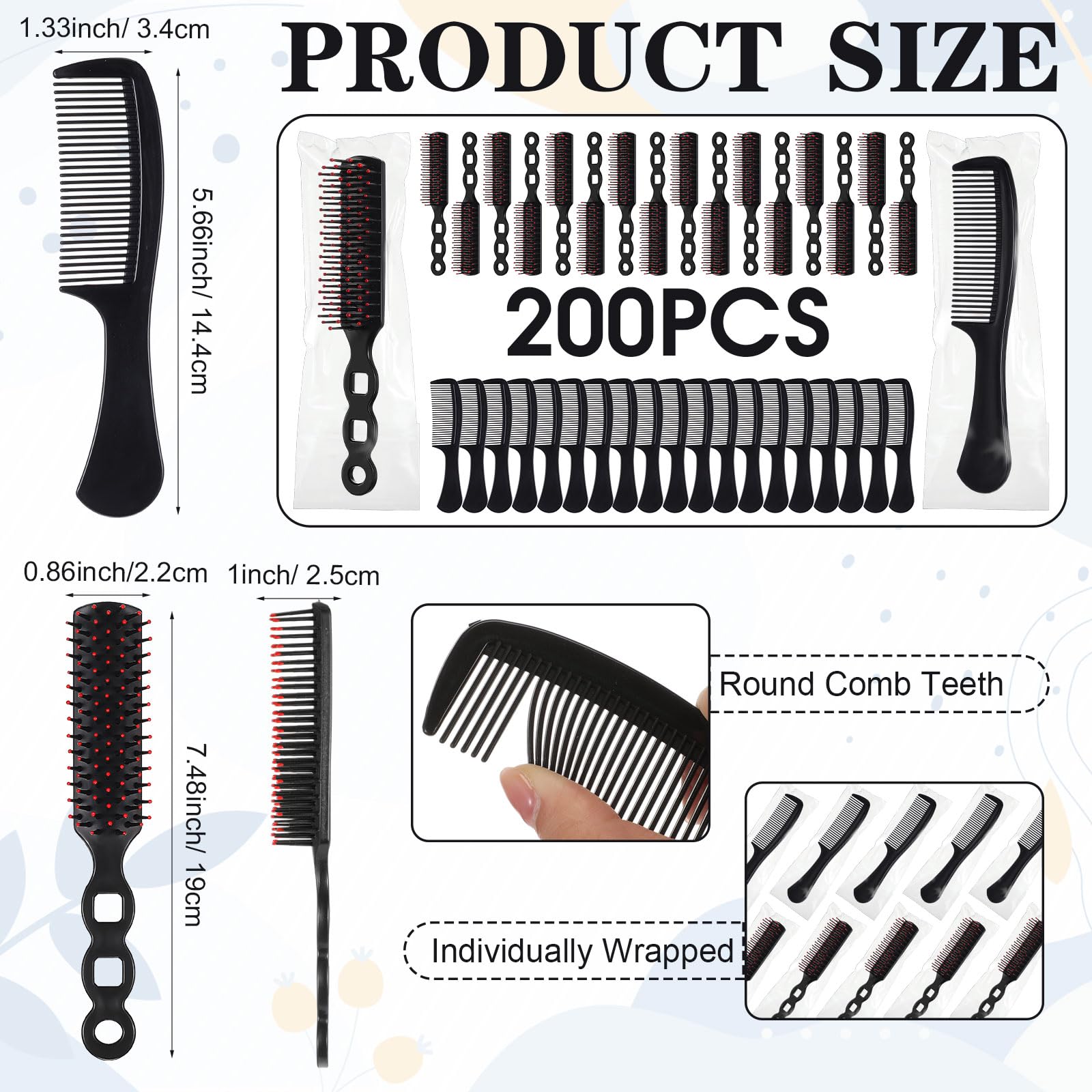 Baderke Juego de 200 cepillos de pelo envueltos individualmente para personas sin hogar, cepillo desenredante a granel, peines anchos para cabello rizado, adecuado para mujeres, hombres, niños