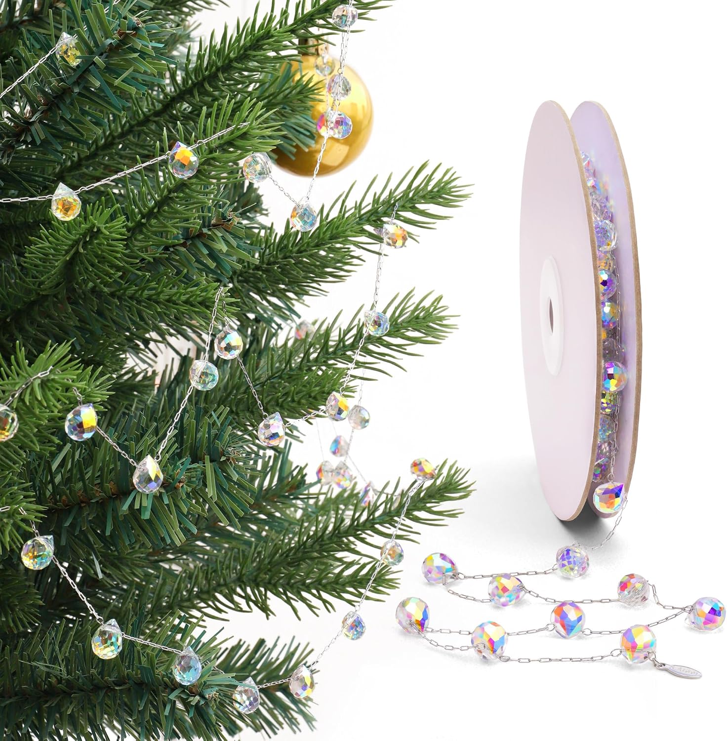 Christmas Garland, 9.8Ft Crystal Glass Beads Strands, 100pcs 10mm Faceted Waterdrop Glass Beads Hanging Ornament for Christmas Tree Centerpieces Wedding Party Decorations (Multicolor)