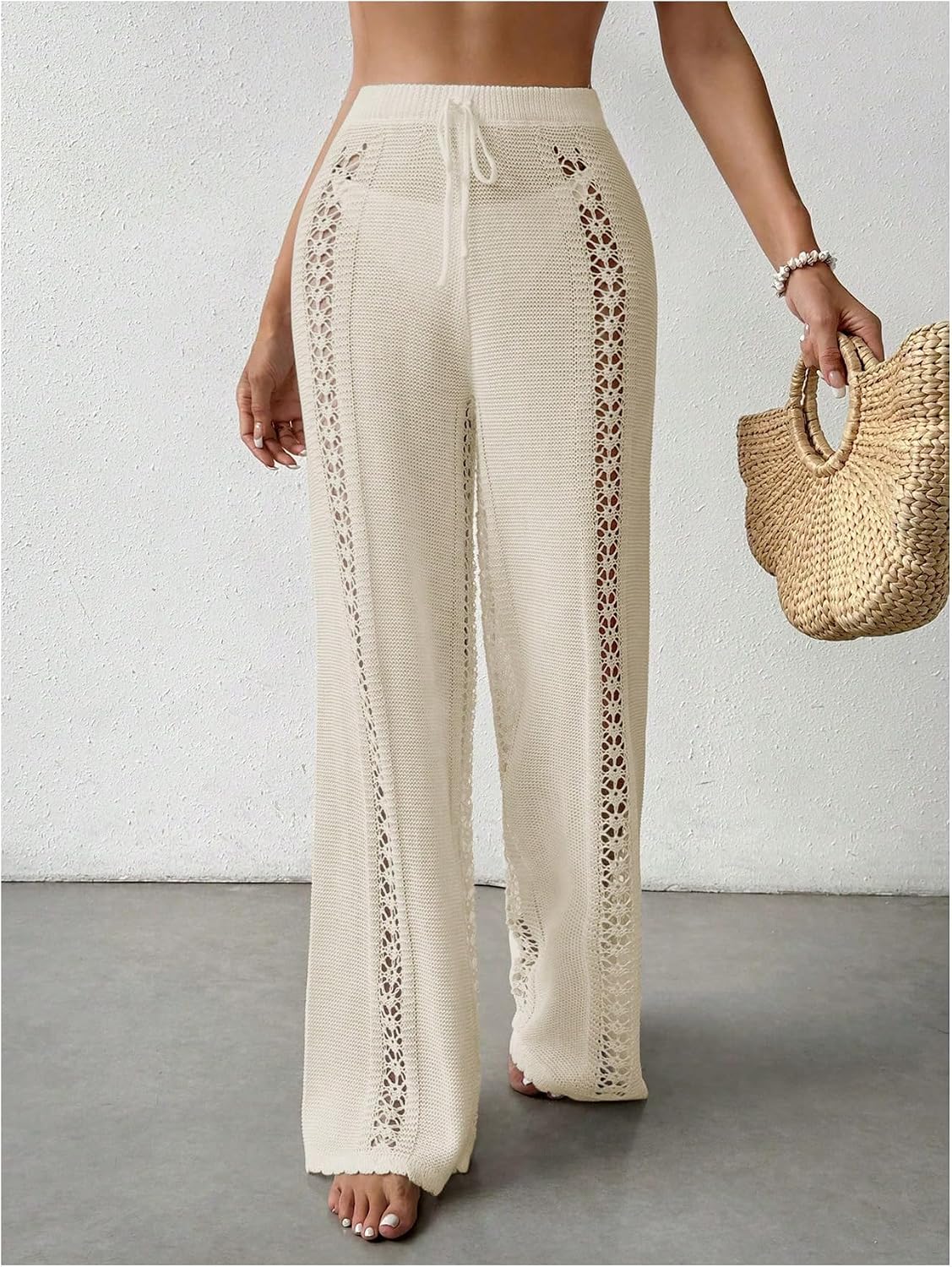 SHENHE Women's Knit Cover Up Pants for Swimwear Loose Fit Hollow Out Beach Pants Coverups