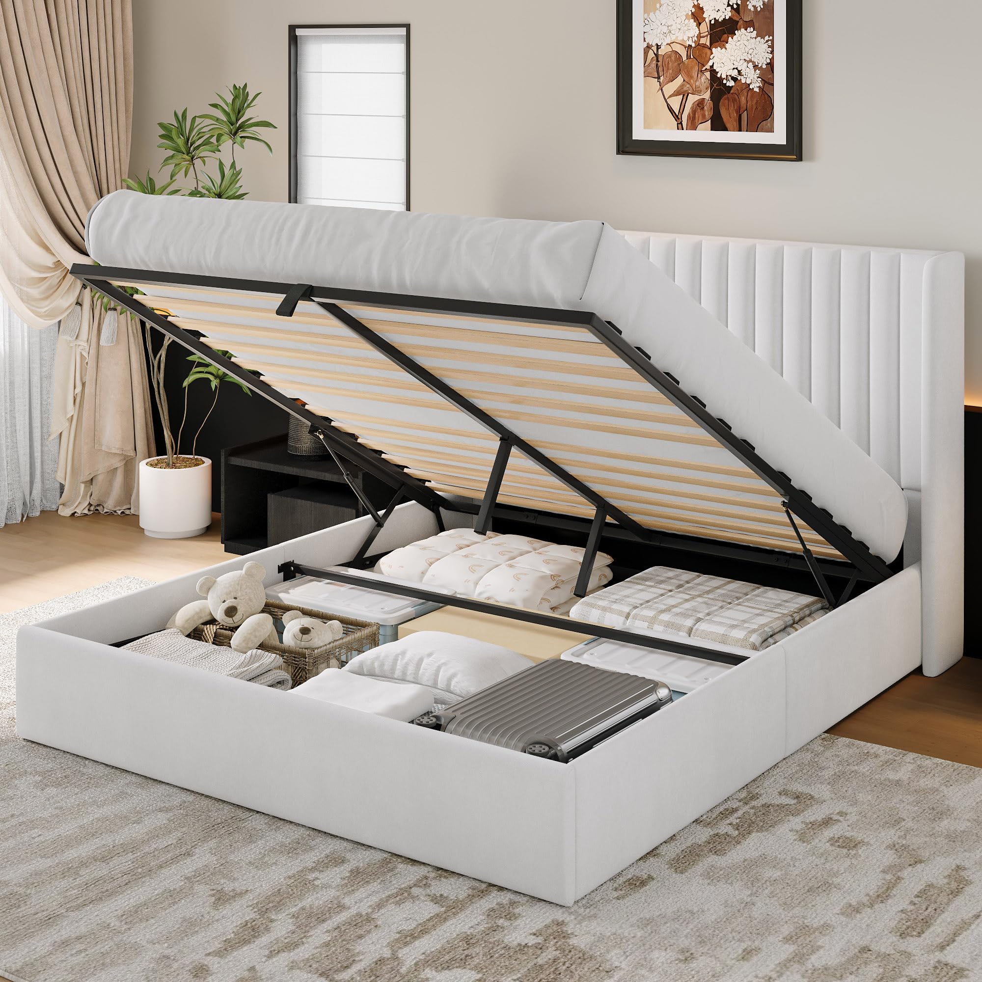 iPormis Full Size Lift up Storage Bed Frame with Wingback Headboard, Modern Velvet Upholstered Platform Bedframe with Hydraulic Lifts, Sturdy Wood