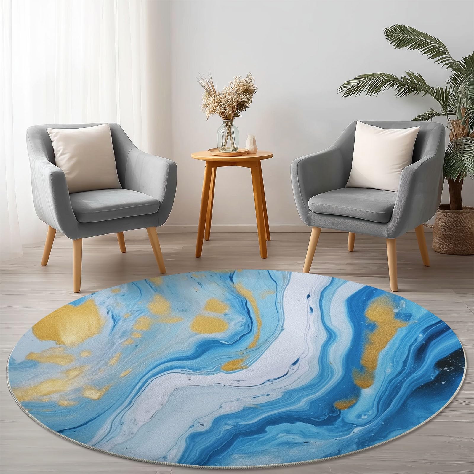 Washable Round Rugs Abstract Living Room Non Slip, 60 cm Round Area Rug Short Pile Bedroom Circle Carpet Soft Faux Wool Rugs for Kids Room Dining Room Decor, Blue Liquid Marble Texture