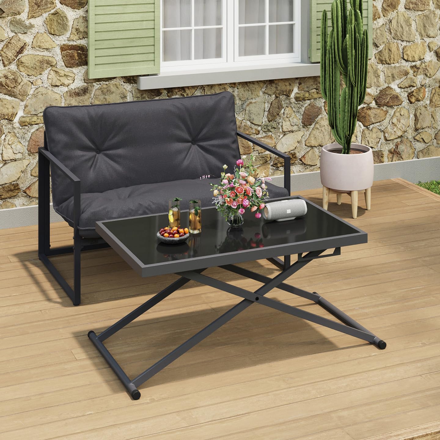 IDMarket – Mesa de jardín elevable rectangular 100 cm Olie en metal gris antracita y tablero gris