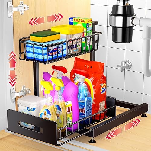 IHAITUN Under Sink Organizer and Storage, 2 Tier Pull Out Cabinet Organizer Slide Out Sink Shelf Cabinet Height Adjustable Storage Drawers Shelf for Kitchen Bathroom Cabinet Organization（Black）