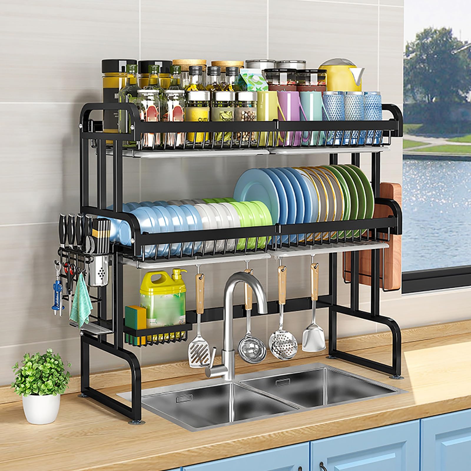 CAFIEDR Over Sink Dish Drying Rack With Pp Water Tray, 2-Tier Space-Saving Dish Drainer, Kitchen Counter Organizer For Cups, Bowls, Cutlery - Black.Black 2-65cm/25.6in