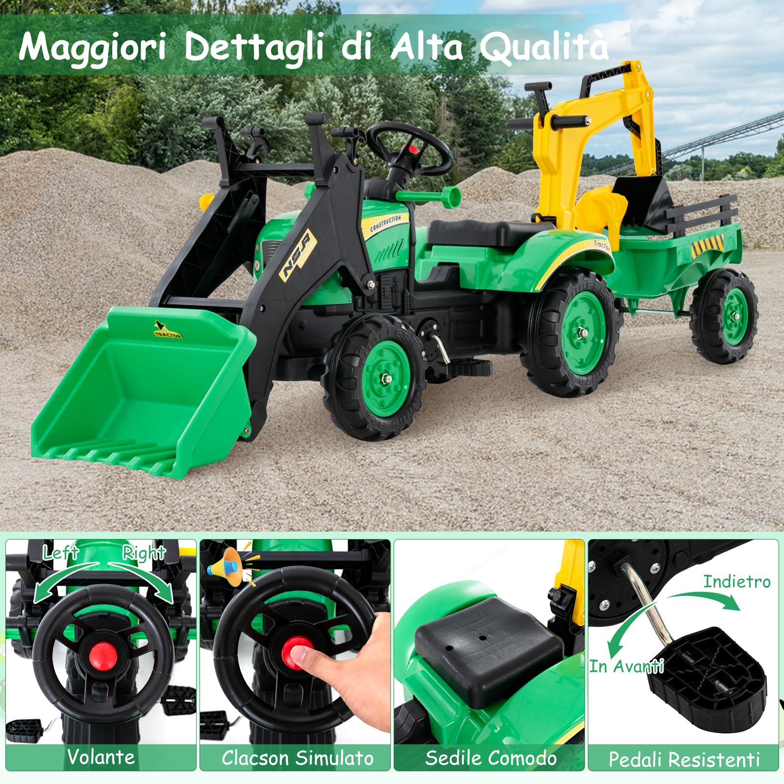 RELAX4LIFE Trattore per Bambini 3 in 1 3-6 Anni con 2 Benne Regolabile e Rimorchio Staccabile con 6 Ruote, Carico Bulldozer 35 kg (VERDE)