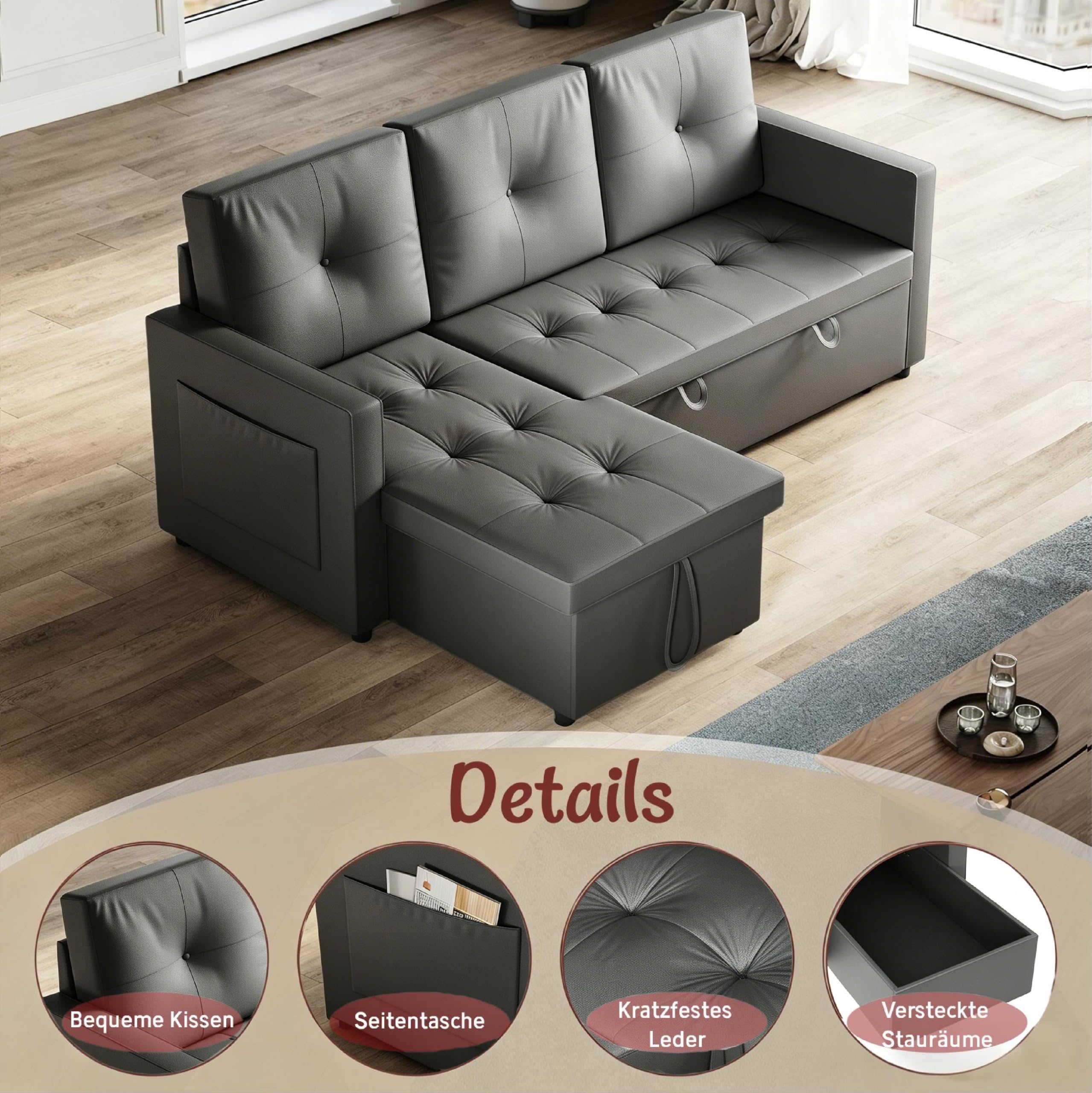Eck-Schlafsofa 3-Sitzer mit Stauraum und praktischen Laufrollen Dunkelgrau | mit Geräuschlose Laufrollen und Integrierter Stauraum Katzenkratzfestes Kunstleder Dunkelgrau für Wohnzimmer