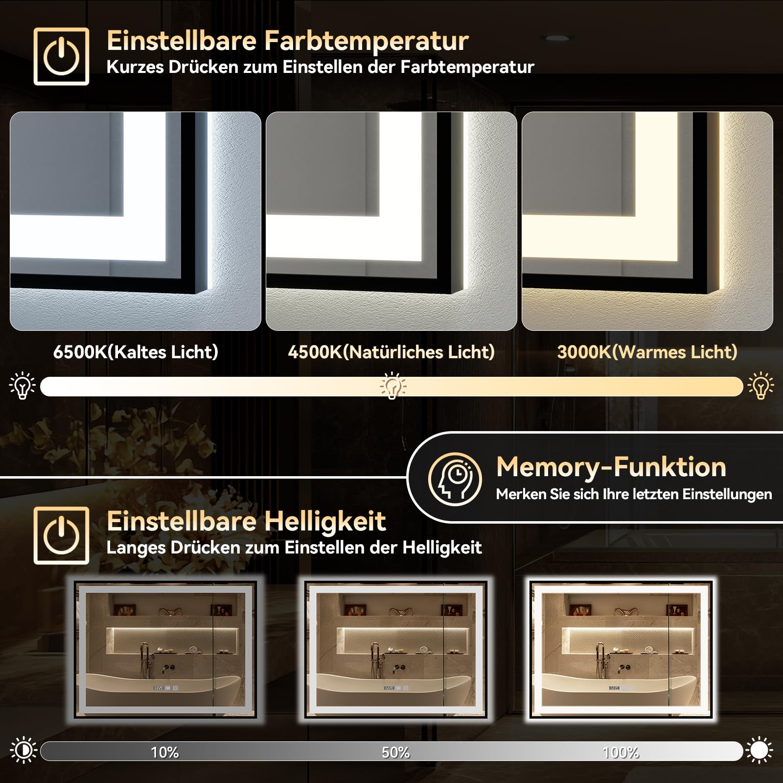 YU YUSING Badspiegel mit Beleuchtung 70x50cm Badezimmerspiegel LED Mit Uhr | Beschlagfrei, 3 Lichtfarbe Dimmbar, Wandspiegel Metallrahmen mit Touch-Schalter, LED Spiegel mit IP44, Vertikale Schwarz