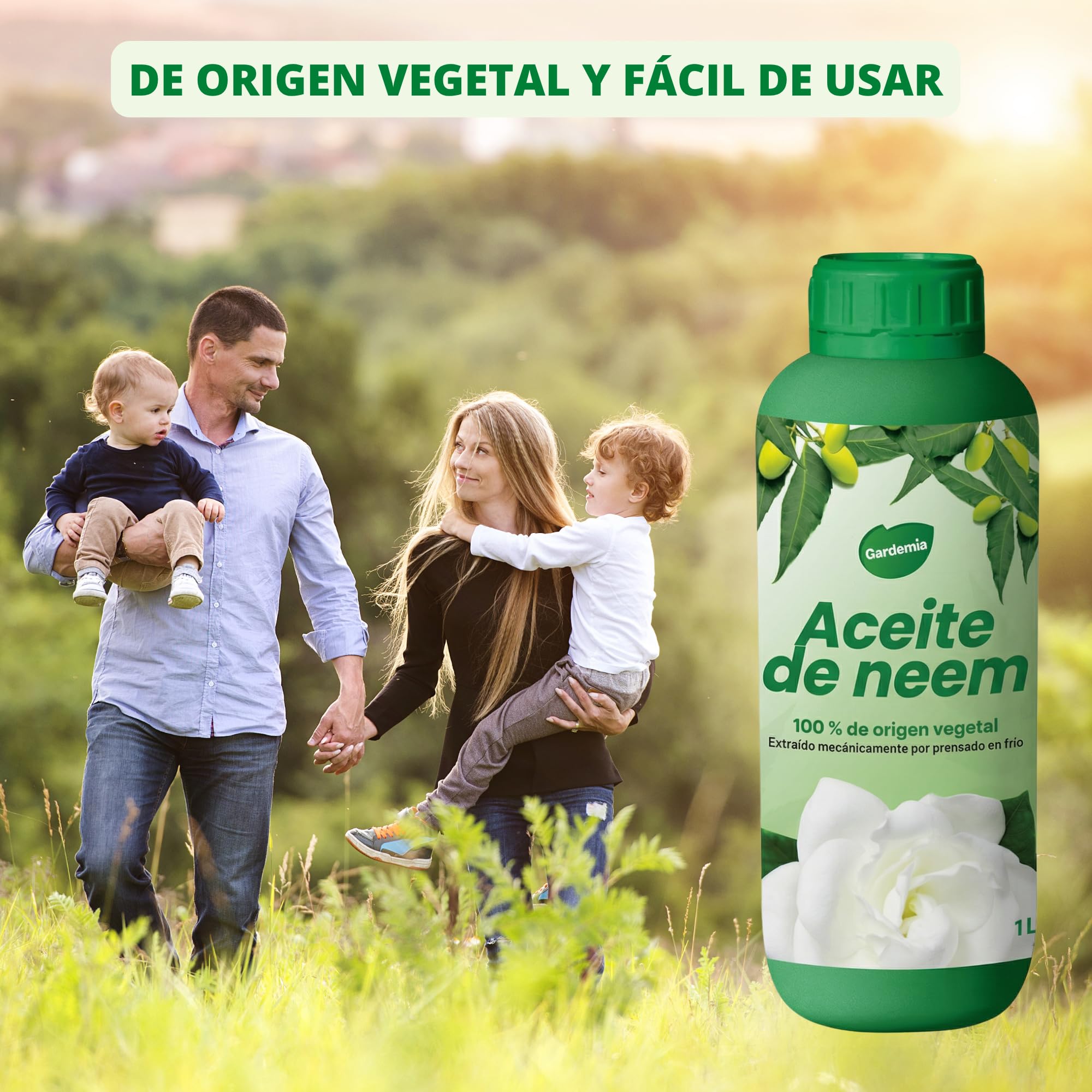 Gardemia Aceite de Neem con Emulsionante 1L miscible en agua 100% de origen vegetal extraído mecánicamente por prensado en frío de los frutos del árbol Neem