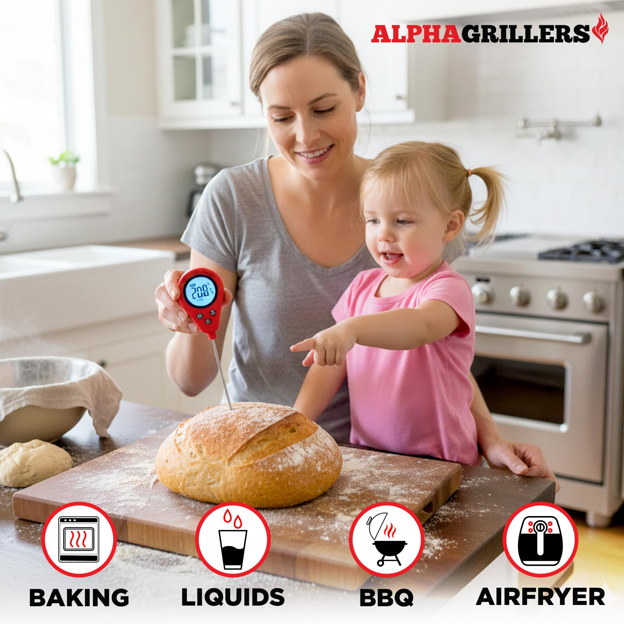 Alpha Grillers Termómetro digital de alimentos y carne para cocinar a la parrilla, hacer pan y freidora de aire, accesorios de cocina y esenciales para líquidos, levadura y hornear, regalos de San