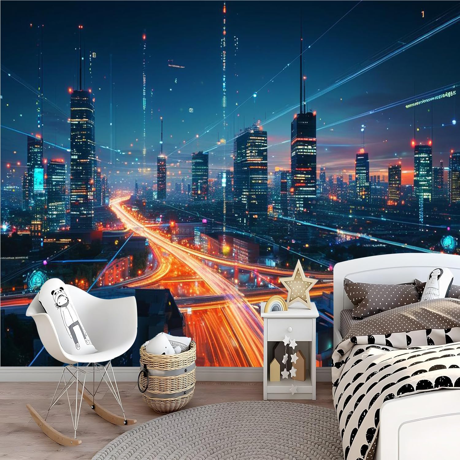 Carta da parati effetto 3D Città Moderna 366x 254 cm Murale Non Tessuto Vista Notturna Fotomurale Stampa HD Moderna Poster Per Soggiorno E Camera Da Letto Design 2M1000