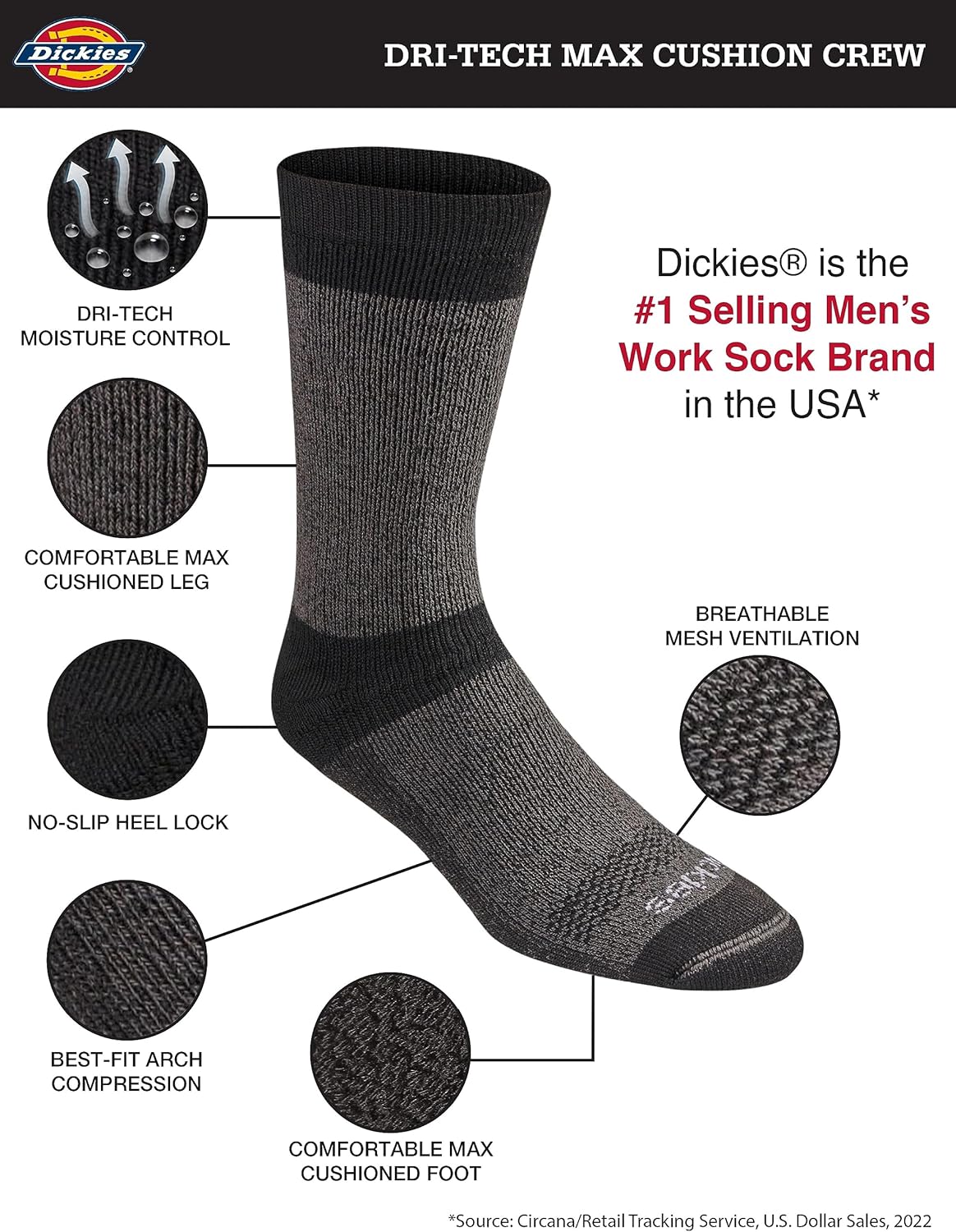 Dickies Men's Dri-tech Moisture Control Max Full Cushion Crew Socks, Available in M-xl (6, 12 Pairs) - Image 3