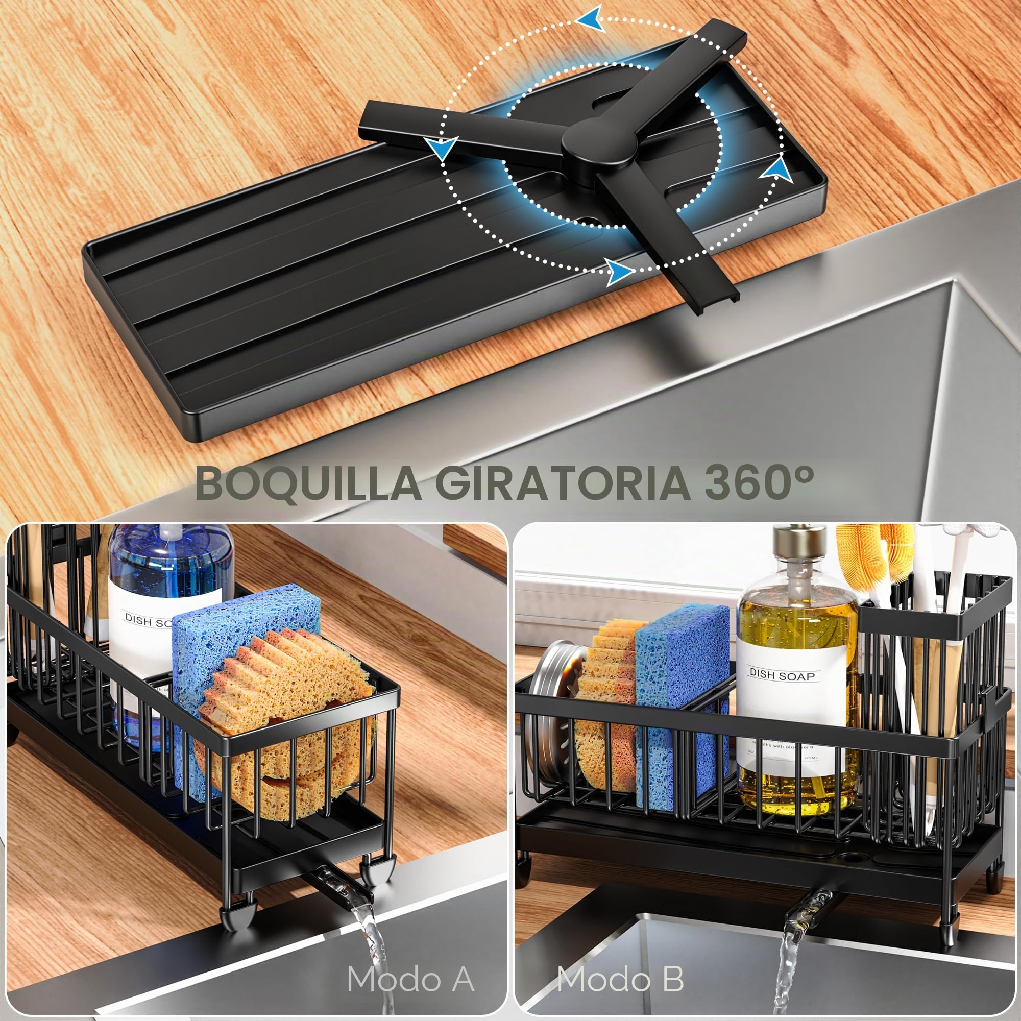 Cisily Portaesponjas para fregadero de cocina, organizador de fregadero con soporte alto para cepillos, acero inoxidable 304, divisor para jabón y almacenamiento del dispensador, negro