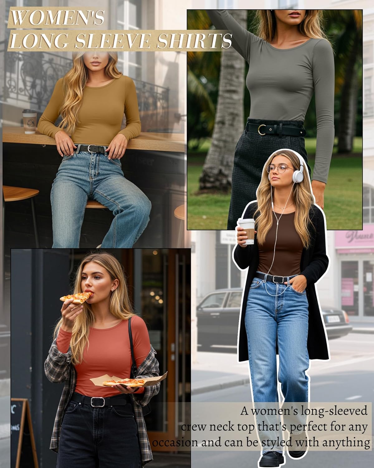 5 Pack Women's Long Sleeve Shirts Scoop Neck Tops Slim Fit Stretchy Undershirts Casual Fall Base Layer Multipack(Gray Green, Gray Apricot, Pumpkin, Brown, Camel,Medium) - Image 3