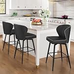 LUE BONA 26 Inch Swivel Bar Stools Set of 3, Counter Height Bar Stools with Back, Upholstered Counter Stools, Faux Leather with Stitching, Metal Legs, Easy Assembly, Light Beige Gray