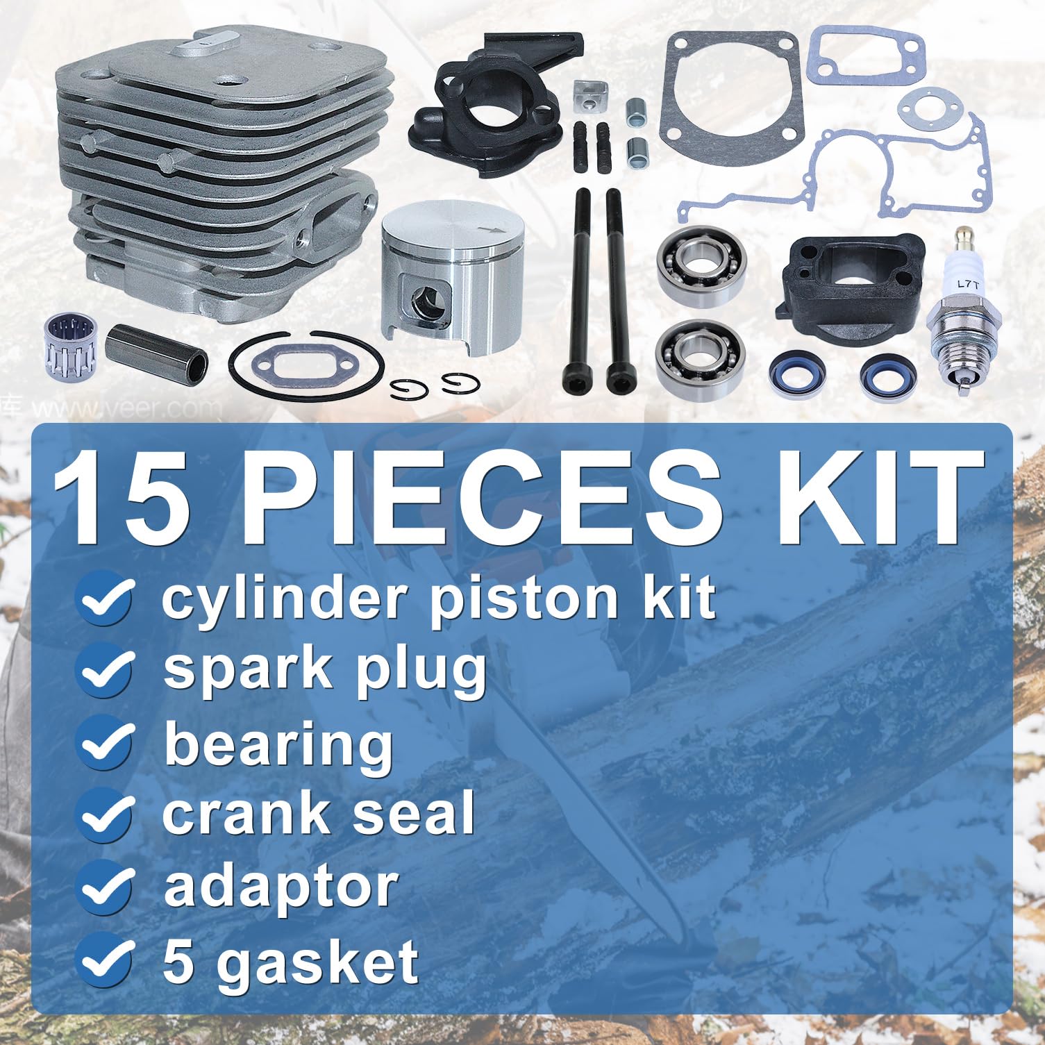 Kolben und Zylinder Kit für Husqvarna 61 & Jonsered 625 630 Motorsäge, AUMEL Cylinder + Kolben + Dichtungssatz + Öldichtung + Kugellager + Zündkerze Ersatzteile Zubehör 26 in 1
