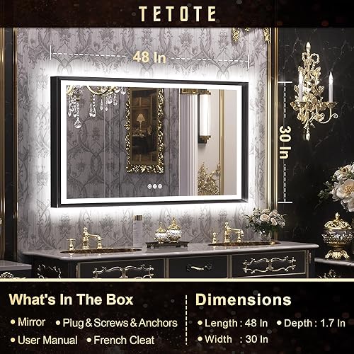 Miniatura 6 de TETOTE Espejo de baño LED negro con luces de 48 x 30 pulgadas, luz delantera y trasera, espejo con marco de tocador, barroco, gótico, antiniebla,
