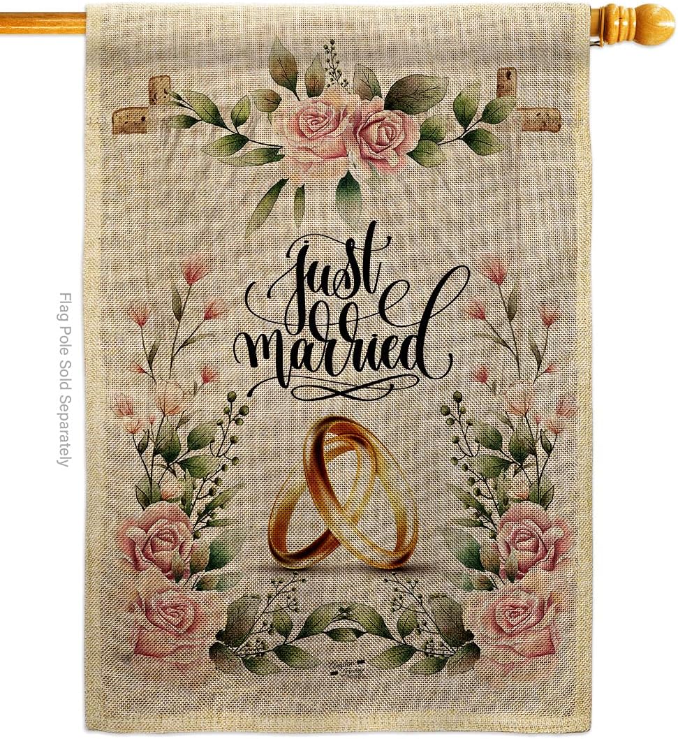 Wedding Rings Burlap Burlap House Flag Celebration Marriage Bride Groom Mr Mrs Occasion Anniversary Party Small Decorative Gift Yard Banner Double-Sided Made In USA 28 X 40