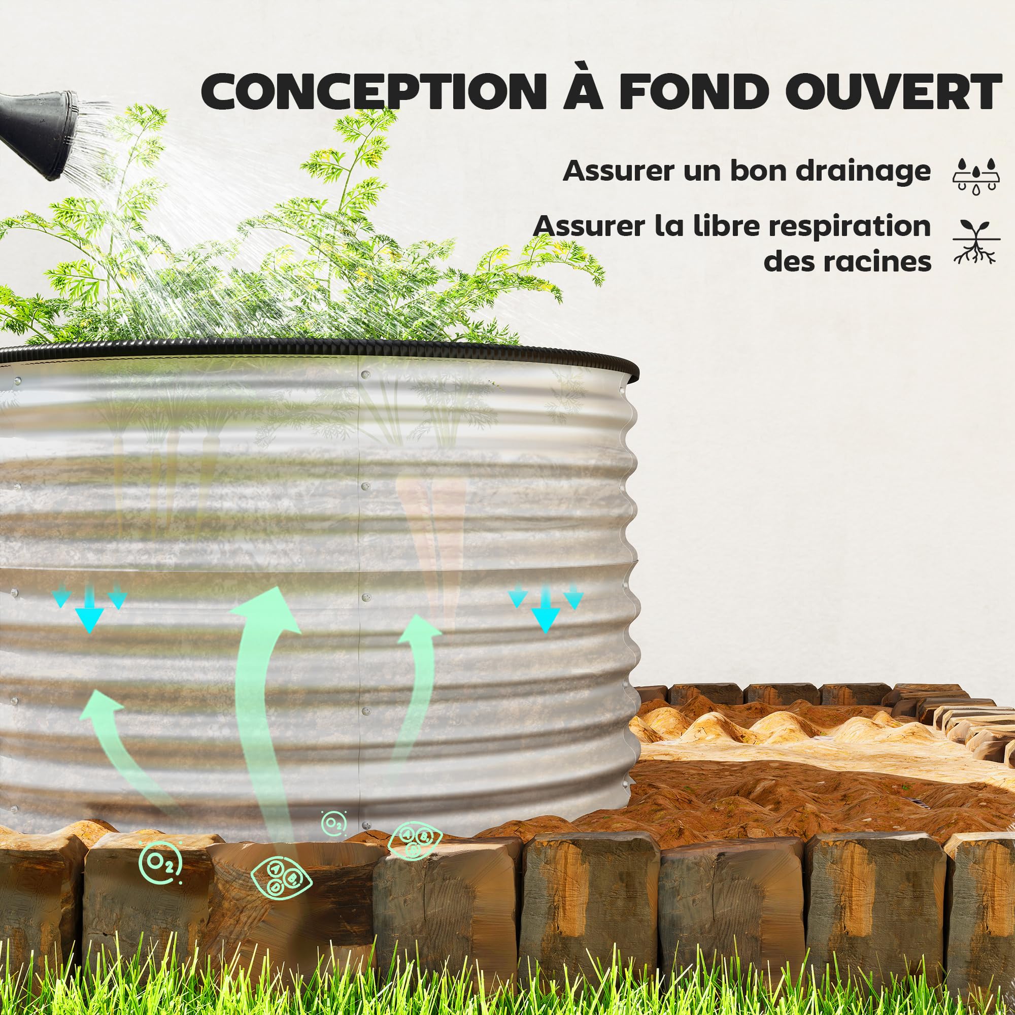 Outsunny Jardinières Surélevées, Jardinière Ronde Surélevée, Lot de 2 | Kit Rond, Fonds Ouverts, Joints en Caoutchouc Protecteurs, Acier Argent Galvanisé