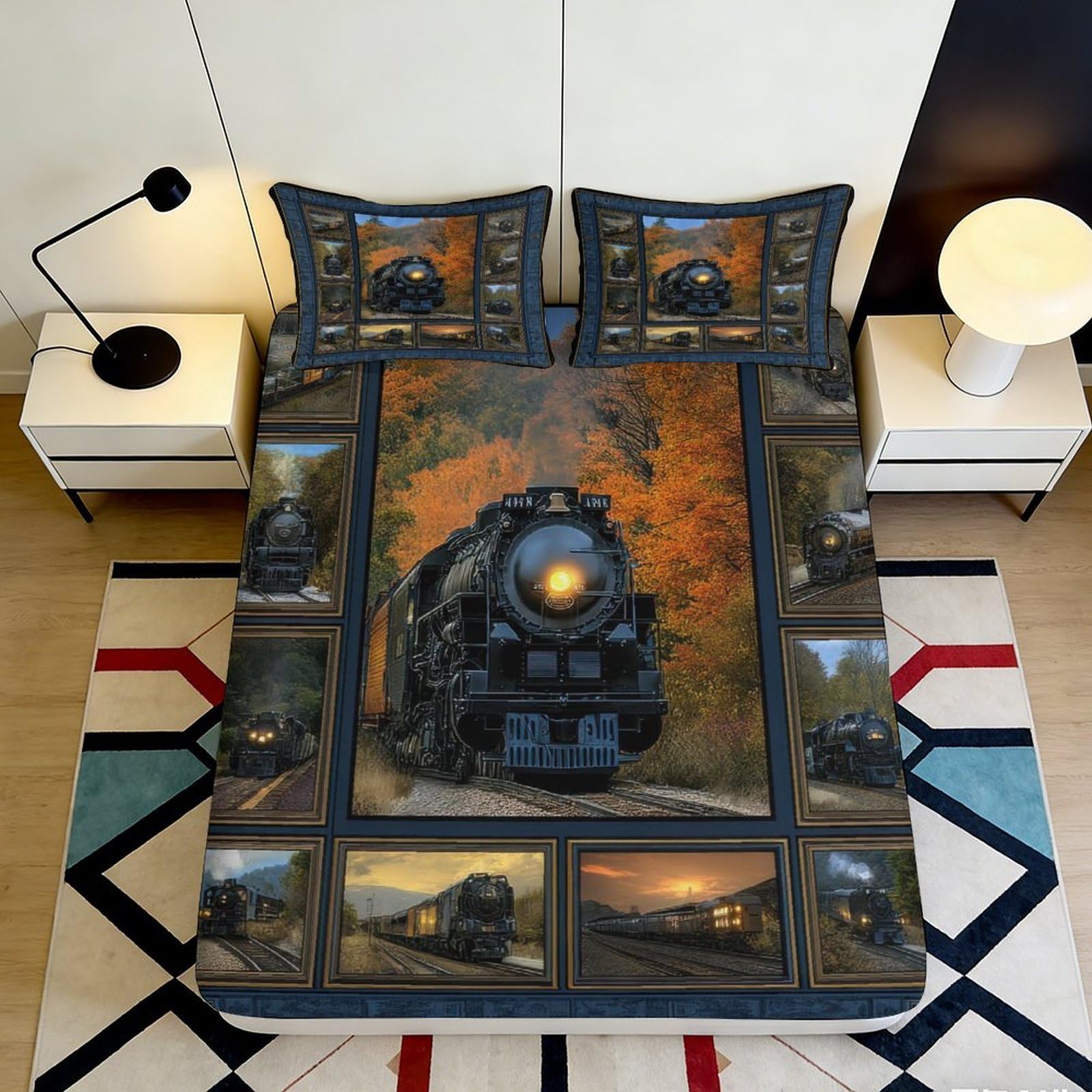 3D Printed Steam Train Autumn Fitted Sheet Microfiber Soft Railway Locomotive Bed Cover for Bedroom Guestroom Decor 90x200x25cm