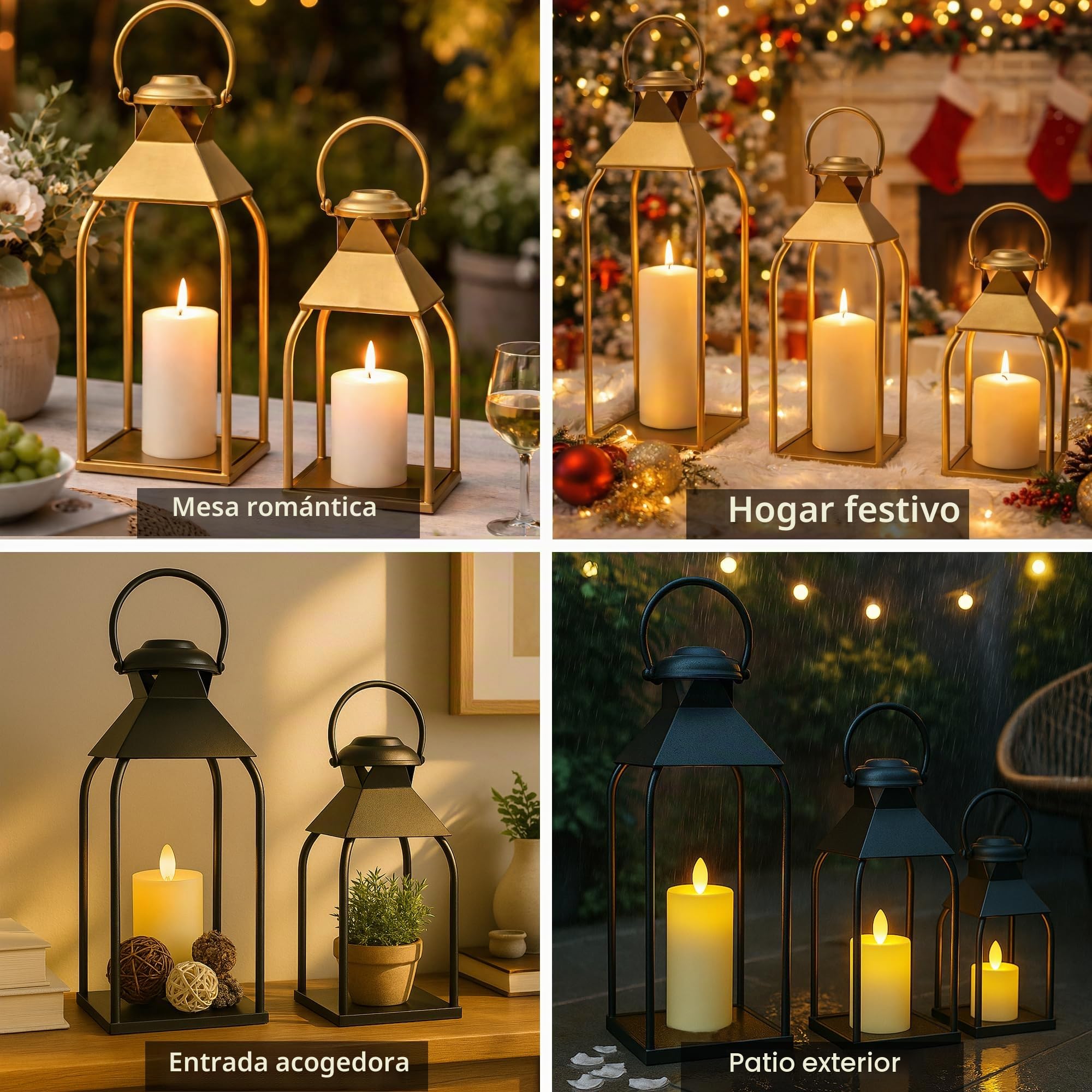 Faroles decorativos de metal para interiores y exteriores, portavelas para porche, patio, chimenea, suelo, boda, Navidad, otoño, vacaciones, centro de mesa de granja (oro antiguo, juego de 3 unidades