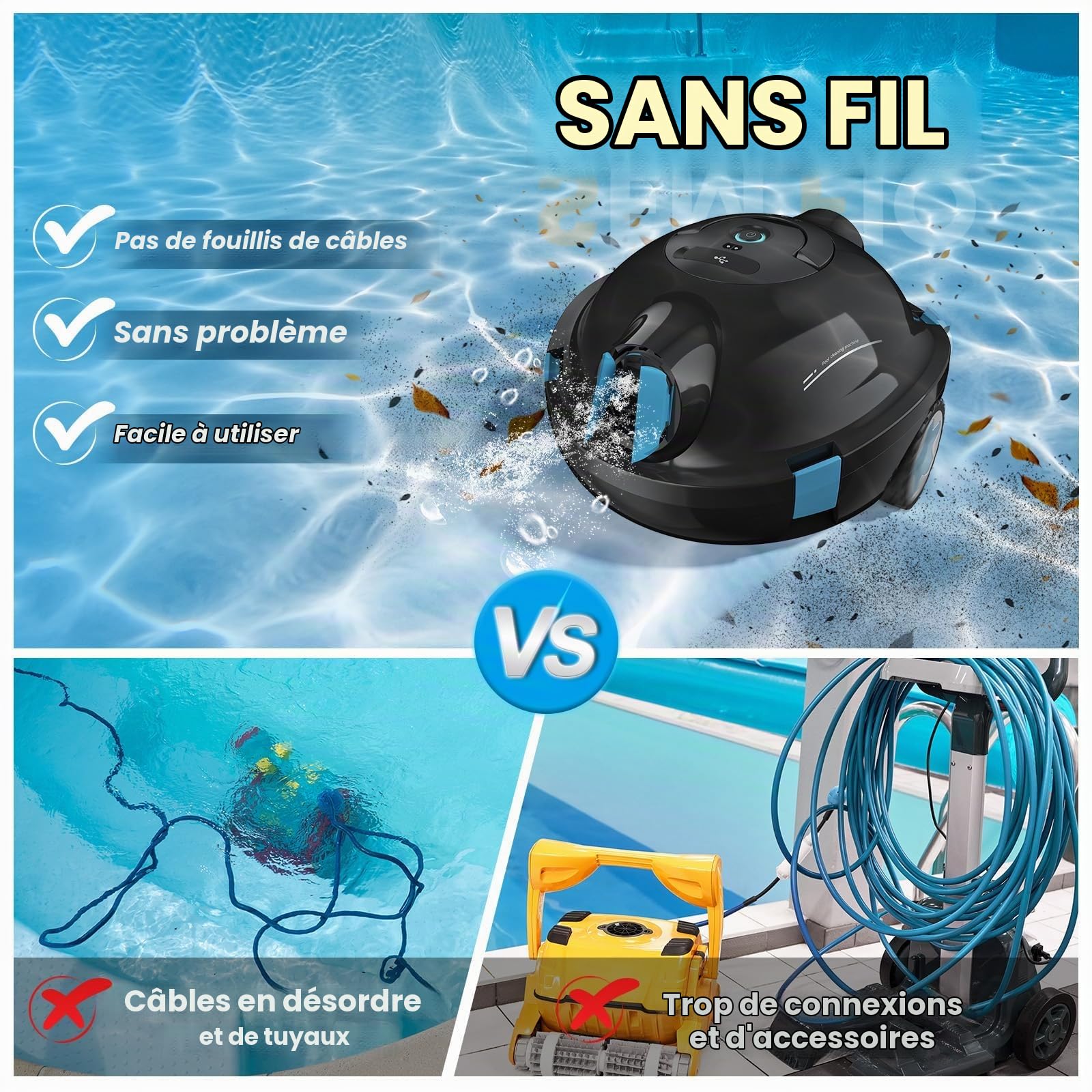 Robot Piscine, Robot Piscine sans Fil Y10 | Aspirateur Automatique et Puissant, 130 Minutes d'Autonomie & Auto-Stationnement, Conçu pour Bassins Enterrés et Piscines à Fond Plat jusqu'à 110 m²(Noir)