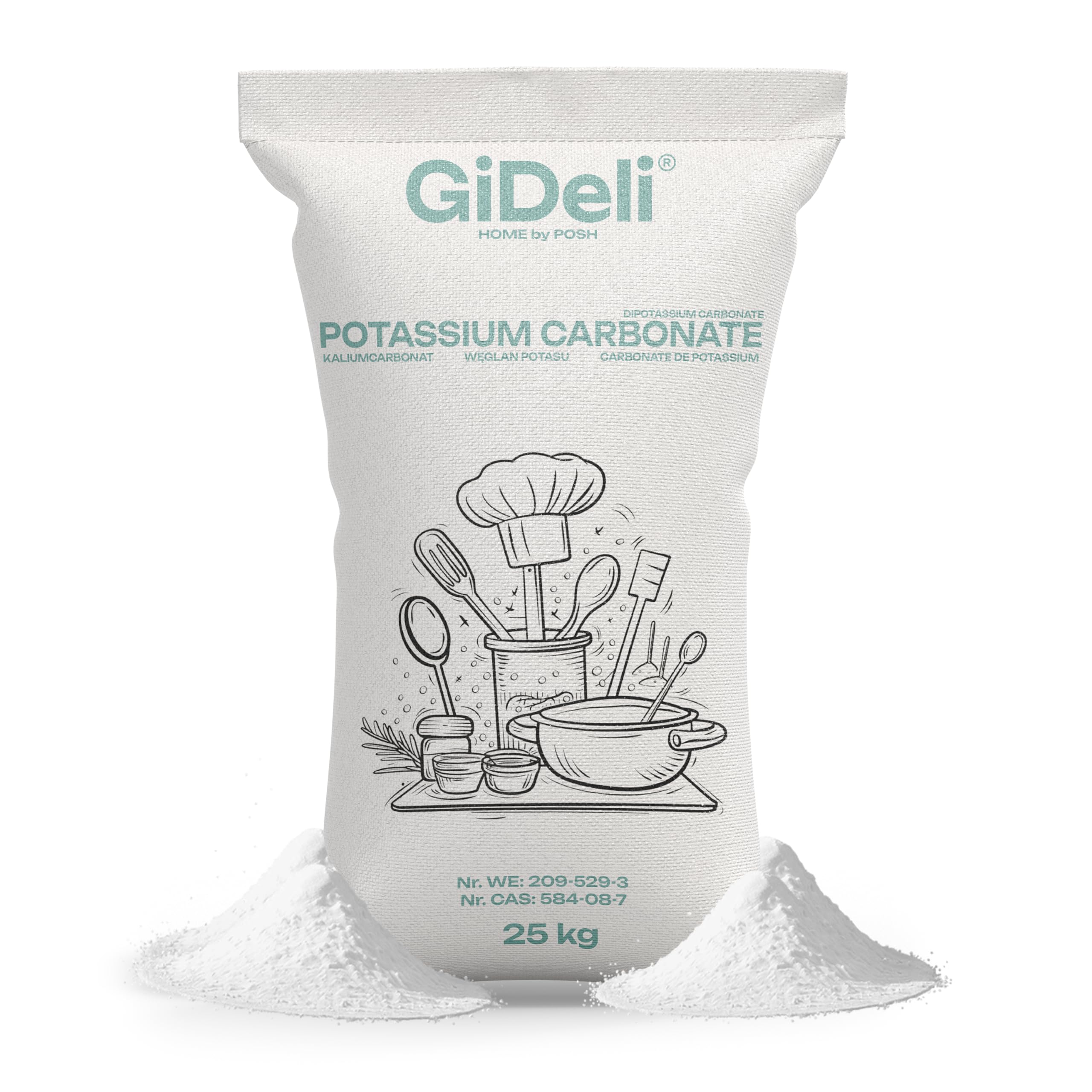 GiDeli Kaliumcarbonat 25 kg - Pottasche K2CO3 100% Rein und Ohne Zusatzstoffe - E 501 Perfekt Löslich in Wasser - Teiglockerungsmittel von Außergewöhnlicher Vielseitigkeit