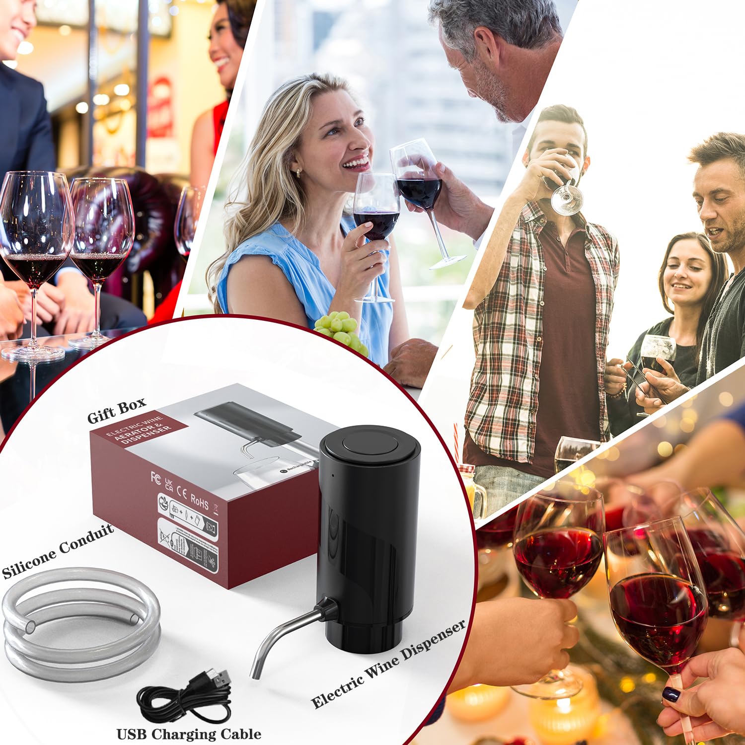 Aeratore di Vino Elettrico Ricaricabile USB 2-in-1 Decanter Versatore per Vino