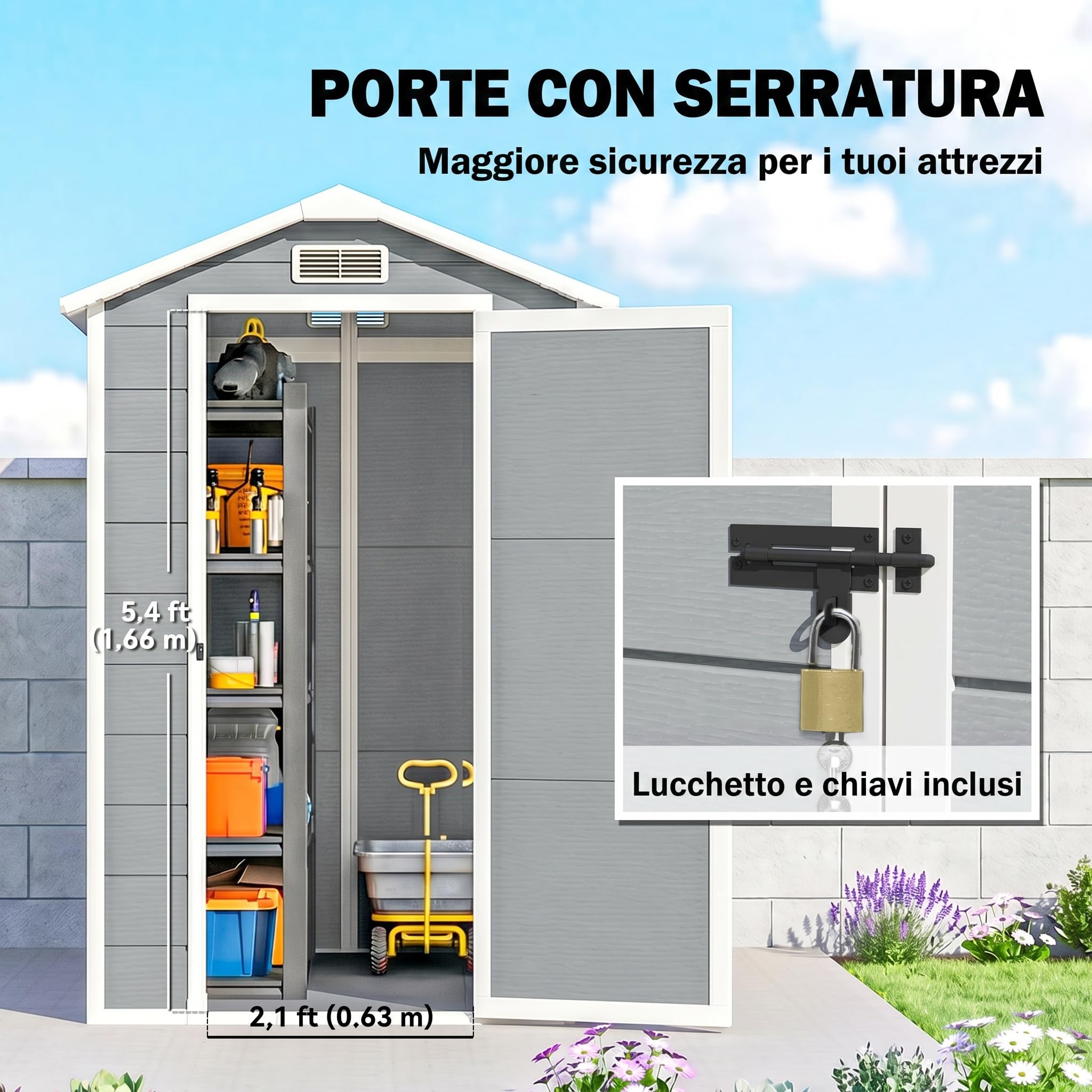 Outsunny Caseta de Jardín Exterior con Suelo 2,1 m² 131x186x198 cm Gris | Cobertizo de Jardín Exterior, Puerta Corredera, Ventana, Techo Inclinado, para Almacenamiento de Herramientas