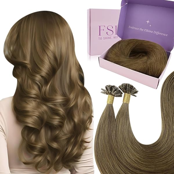 Fshine Keratin Extensions Echthaar Bondings Mittelbraun 35 cm für Friseure Bondings Extensions Echthaar Langlebig 40 g 50 Strähne Farbe 4