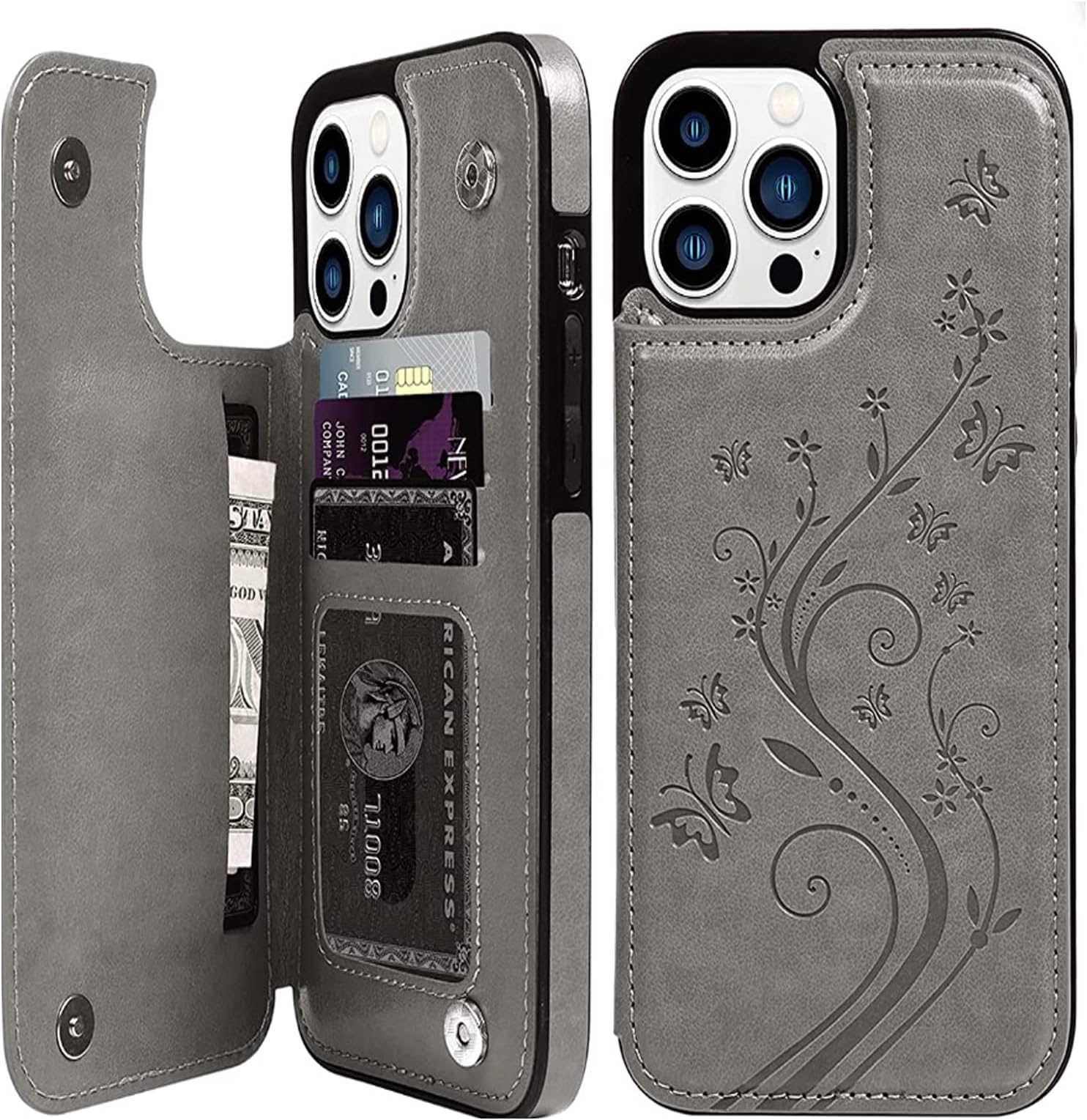 Compatible with iPhone 14 Pro Max Flip Case, Wallet Case Embossed Butterfly PU Leather Kickstand Card Slots Case with Card Holder, Double Magnetic Clasp and Durable Shockproof Cover 6.7 Inch - Grey