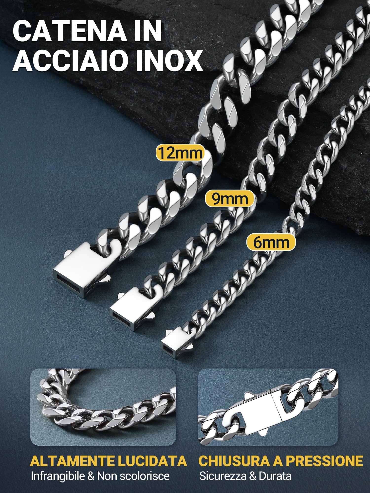 PROSTEEL Collana Argento Uomo， Catena Cubana Miami, 6/9/12MM Larghezza Collane Uomo Acciaio Inox, Impermeabile, Regalo Compleanno, 45-75CM, Punk Hiphop