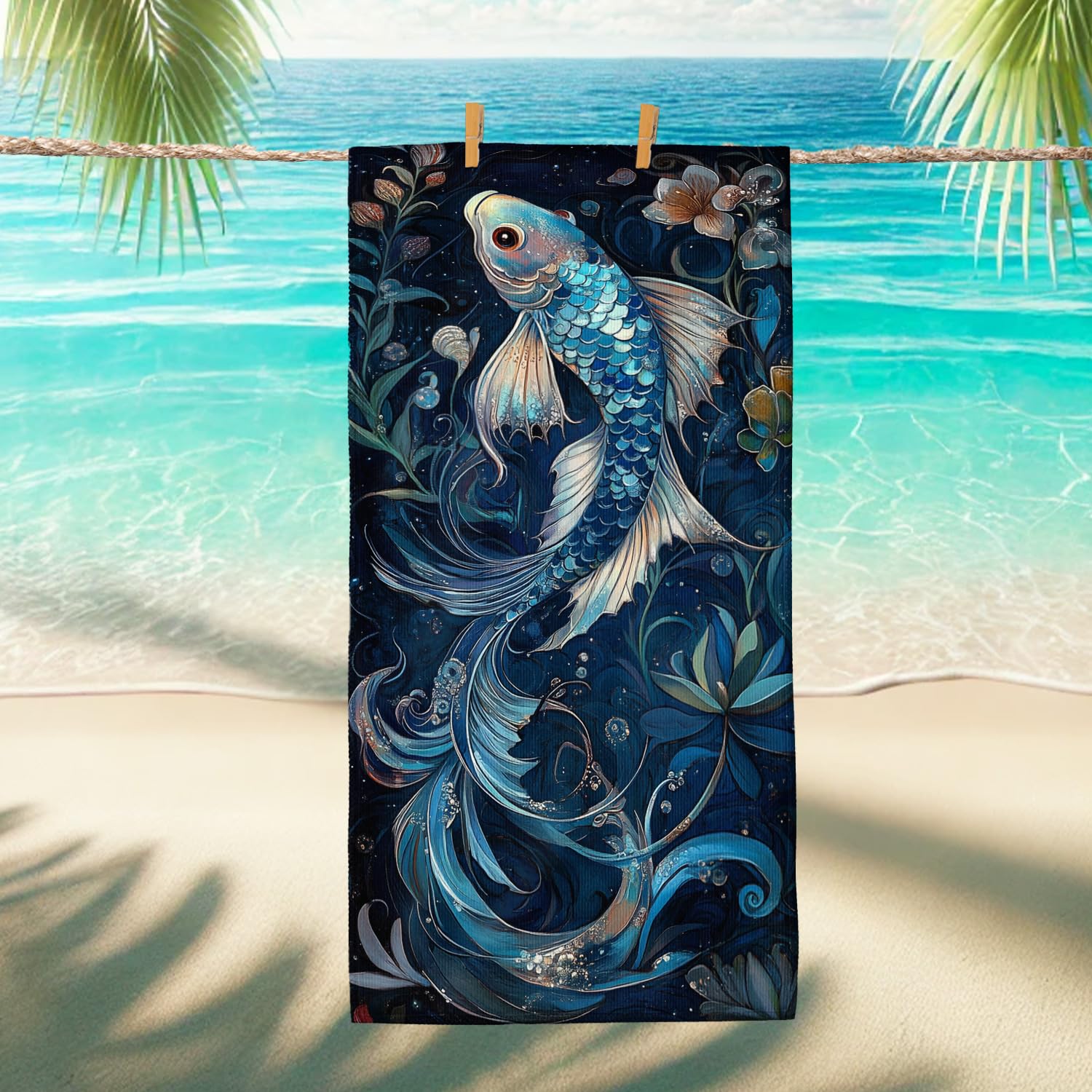 Beautiful Carp Fish Beach Towel Navy Blue Art Print Microfiber Quick Dry Soft Absorbent Sand Free Lightweight Bath Blanket for Vacation Pool Picnic Camping Outdoor Essentials 70x35 Inch