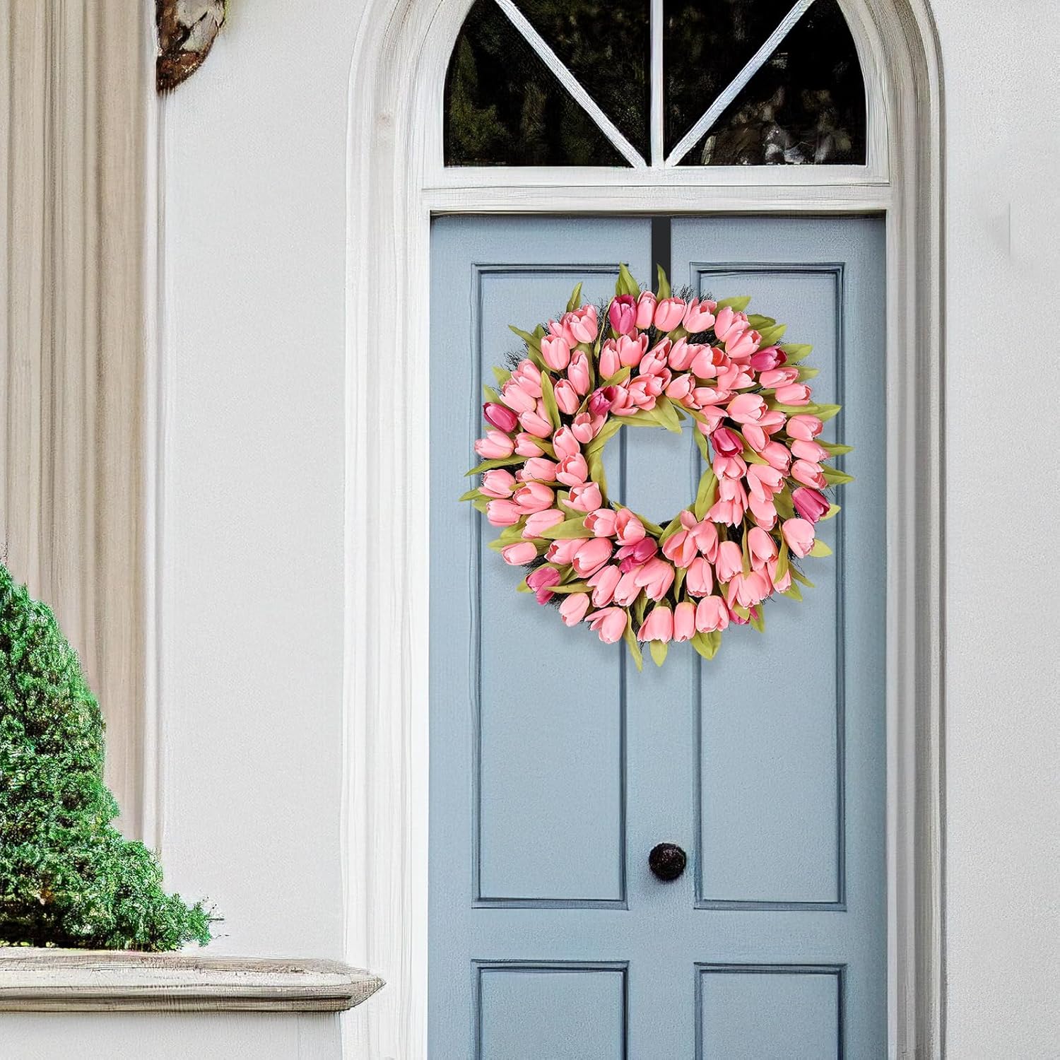 26 Inch Pink Tulip Wreath for Front Door, Artificial Spring Summer Wreath with Purple Accents & Removable Blessed Sign, Indoor Outdoor Farmhouse Decor