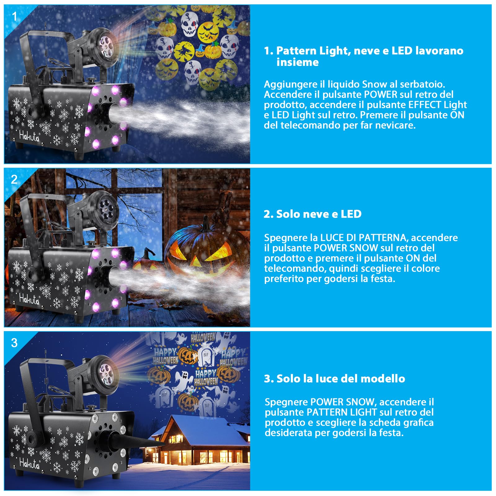 HAKUTA Macchina della neve 800W aggiornata con 8 luci LED RGB, proiezione LED e 2 telecomandi wireless, perfetta per Natale, Halloween, feste, matrimoni e DJ Stage