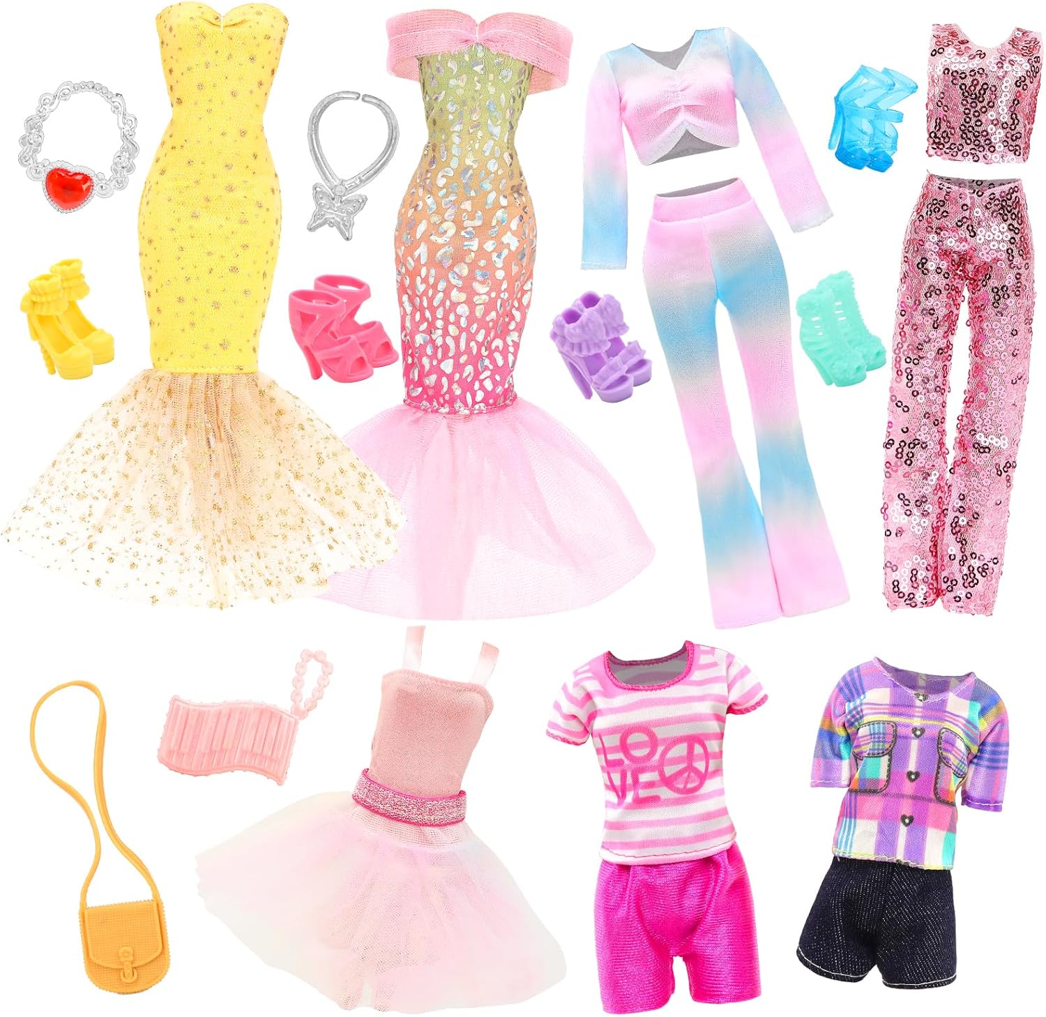 BARWA 21 Pcs Doll Clothes and Accessories Includes 3 Pcs Mermaid Dress, Puffy Skirt 4 Sets Sequins Leisure Tops and Pants with 2 Bags, 2 Necklaces, 5 Shoes for 11.5 Inch Girl Dolls