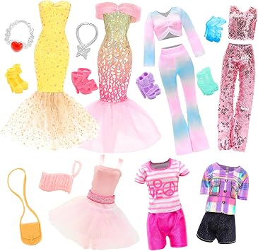 BARWA 21 Pcs Doll Clothes and Accessories Includes 3 Pcs Mermaid Dress, Puffy Skirt 4 Sets Sequins Leisure Tops and Pants with 2 Bags, 2 Necklaces, 5 Shoes for 11.5 Inch Girl Dolls