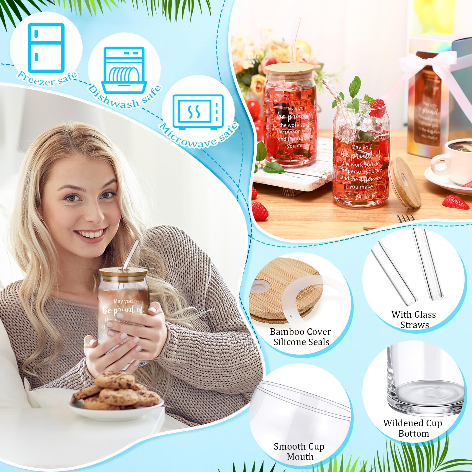 Layhit Set di 24 scatole regalo di apprezzamento in vetro da 473,6 g, con coperchio, paglia, pennello, bicchieri, con nastro, bicchieri ispiratori per colleghi, uomini, donne, compleanno, Natale