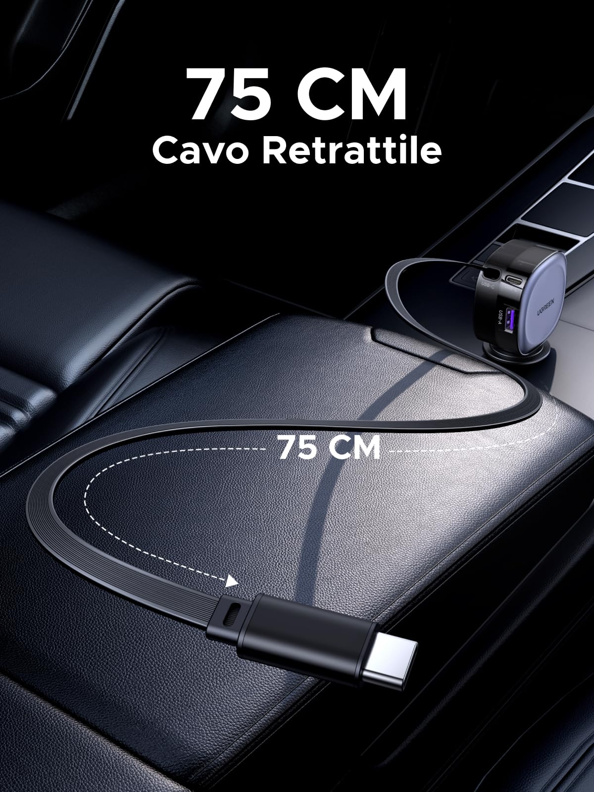 UGREEN 75W Retrattile Caricatore Auto, Caricabatteria Accendisigari USB C Ricarica Rapida PD 3.0 QC 3.0, Compatibile con iPhone 17 Pro Max Air/16/15, Samsung Galaxy S25/24, Pixel10/9, MacBook, iPad