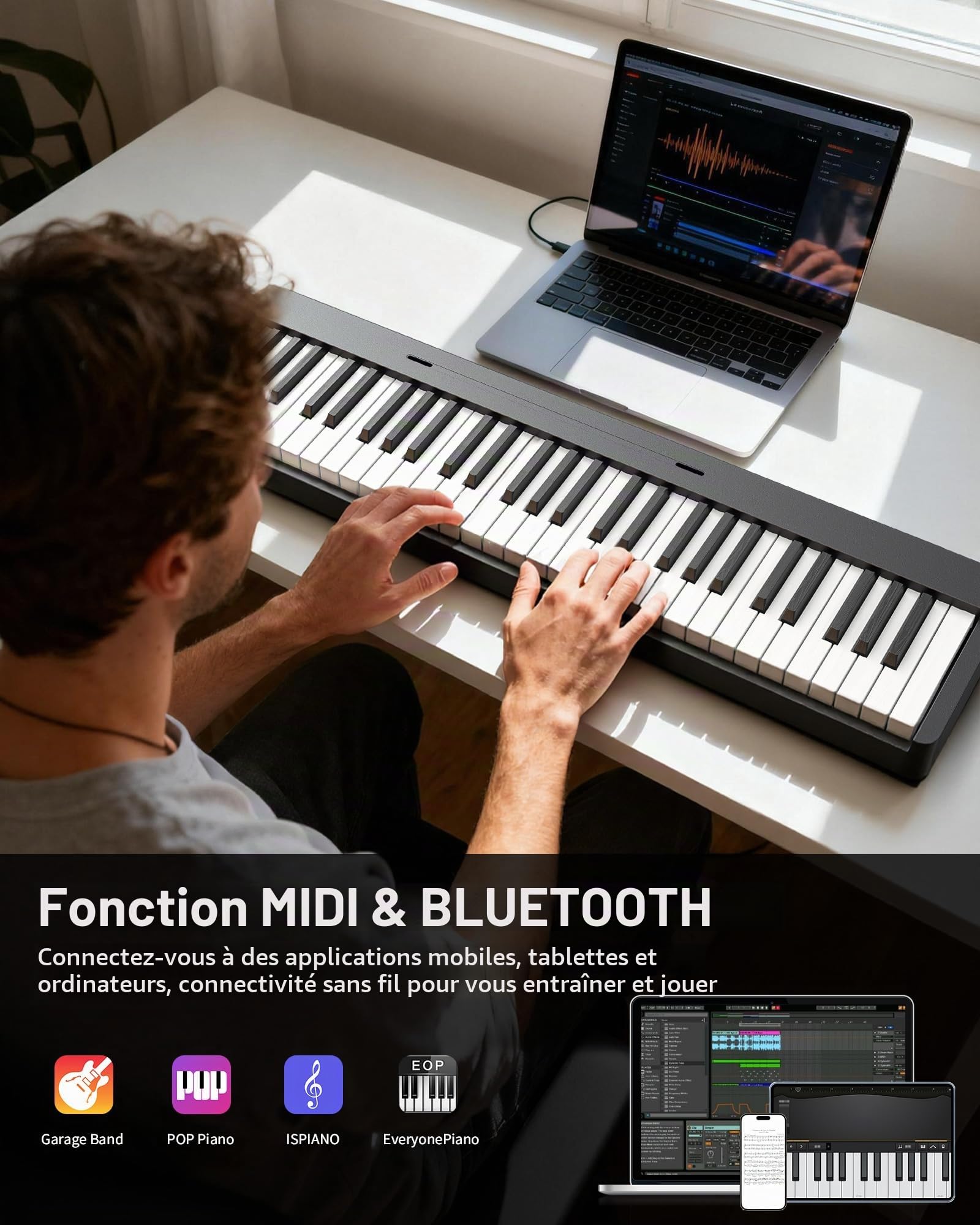 Clavier électronique pliable LEKATO à 61 touches, clavier pliable à 61 touches avec sensibilité tactile, rechargeable, Bluetooth MIDI, étui portable, pour débutants/amateurs de musique/enfants