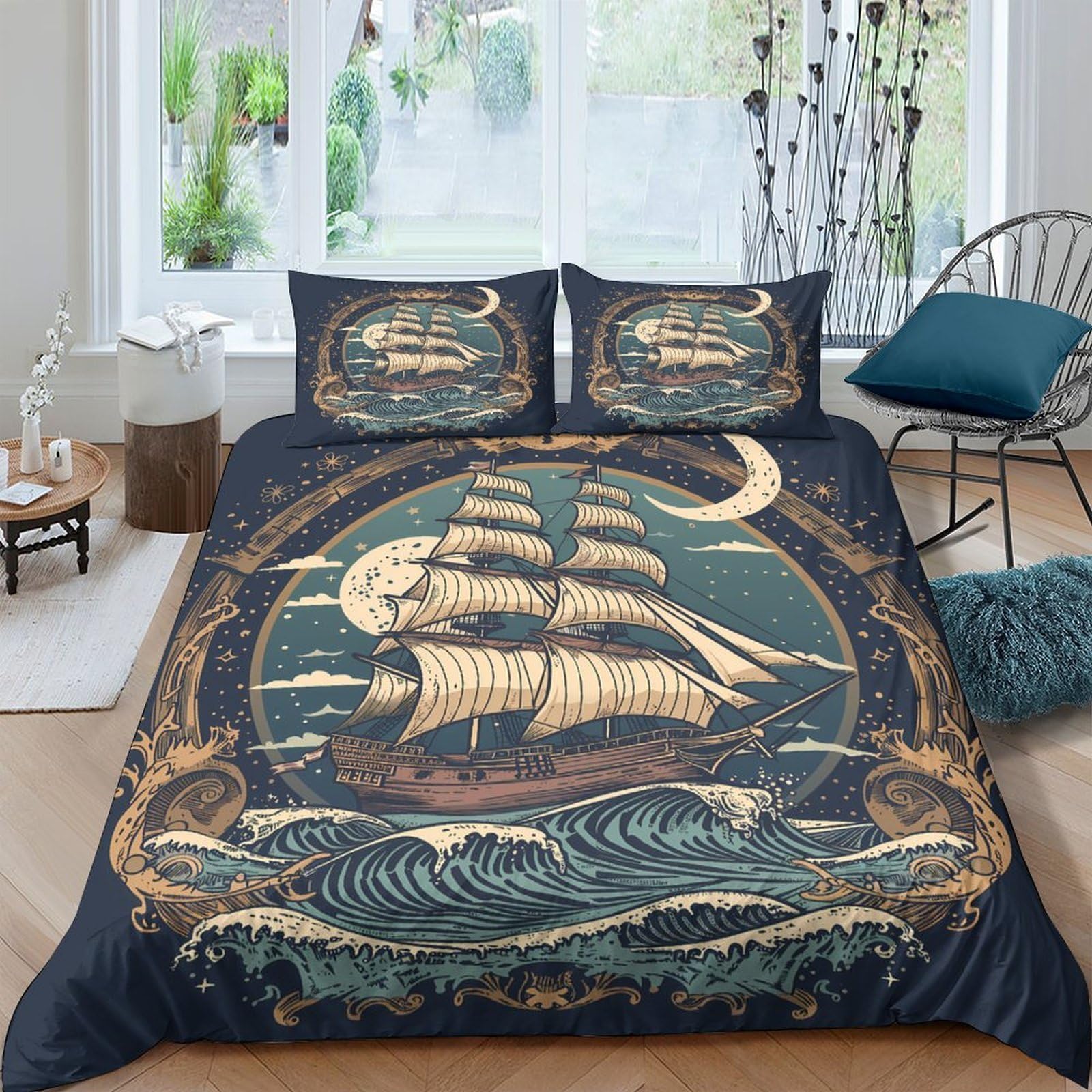 Ctjqhvkz Style-9 3D Printed Vintage Sailing Ship Fitted Sheet Microfiber Soft Nautical Ocean Bed Cover For Bedroom Guest Room Decor Single（135X200cm）